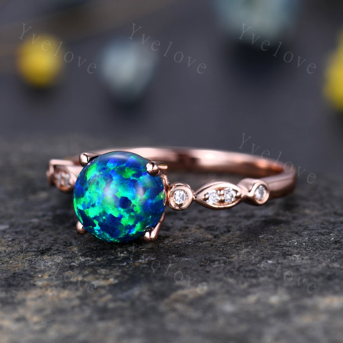 7mm Vintage Black Opal Engagement Ring,Art Deco Ring,Diamond Milgrain Band,Women Bridal Ring Set,Anniversary Jewelry October Birthstone Gift