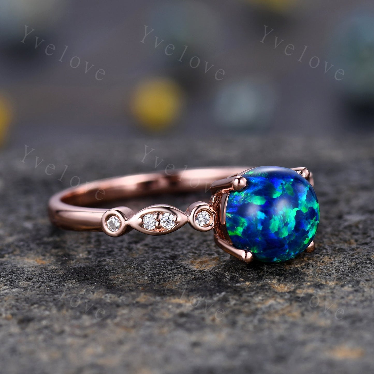 7mm Vintage Black Opal Engagement Ring,Art Deco Ring,Diamond Milgrain Band,Women Bridal Ring Set,Anniversary Jewelry October Birthstone Gift