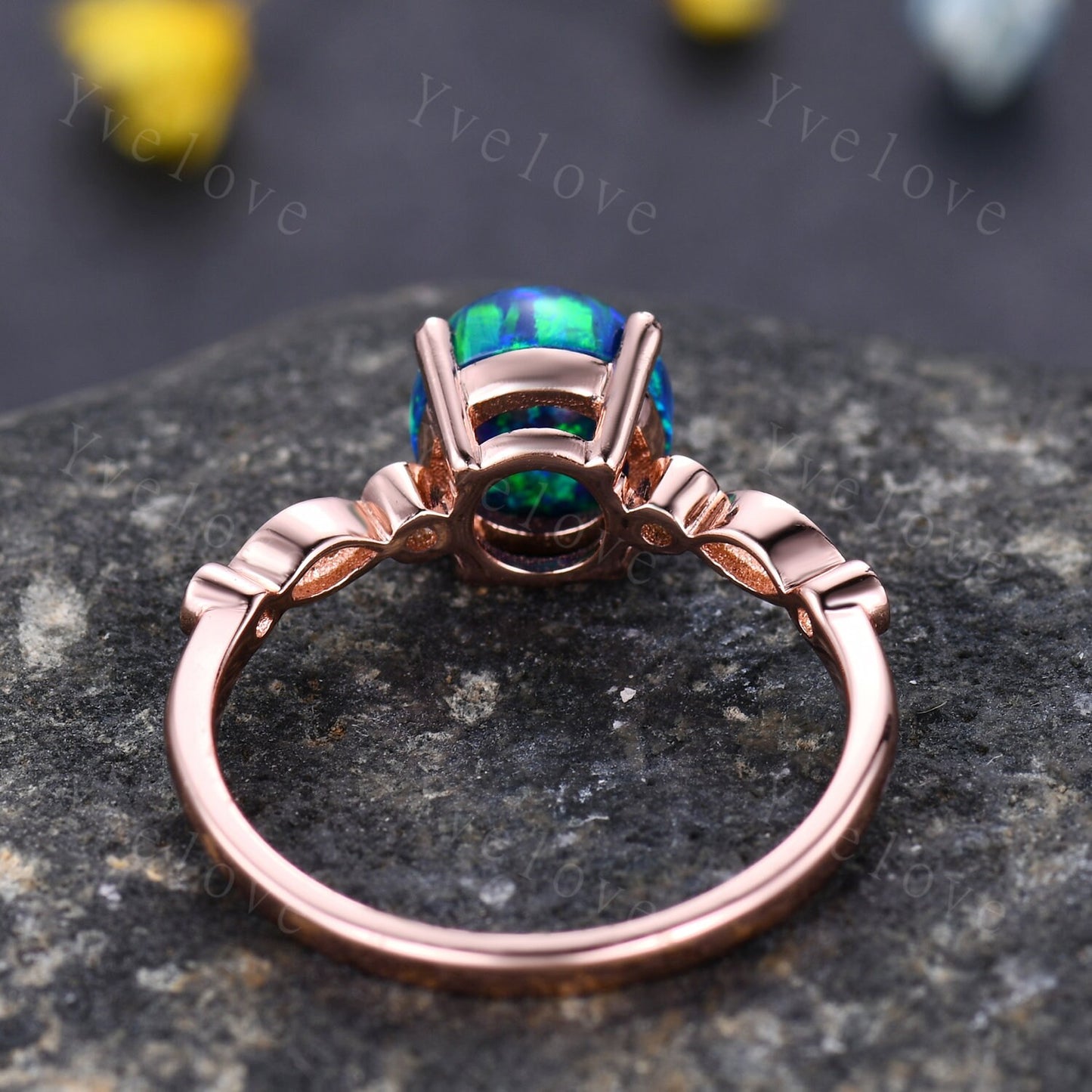 7mm Vintage Black Opal Engagement Ring,Art Deco Ring,Diamond Milgrain Band,Women Bridal Ring Set,Anniversary Jewelry October Birthstone Gift