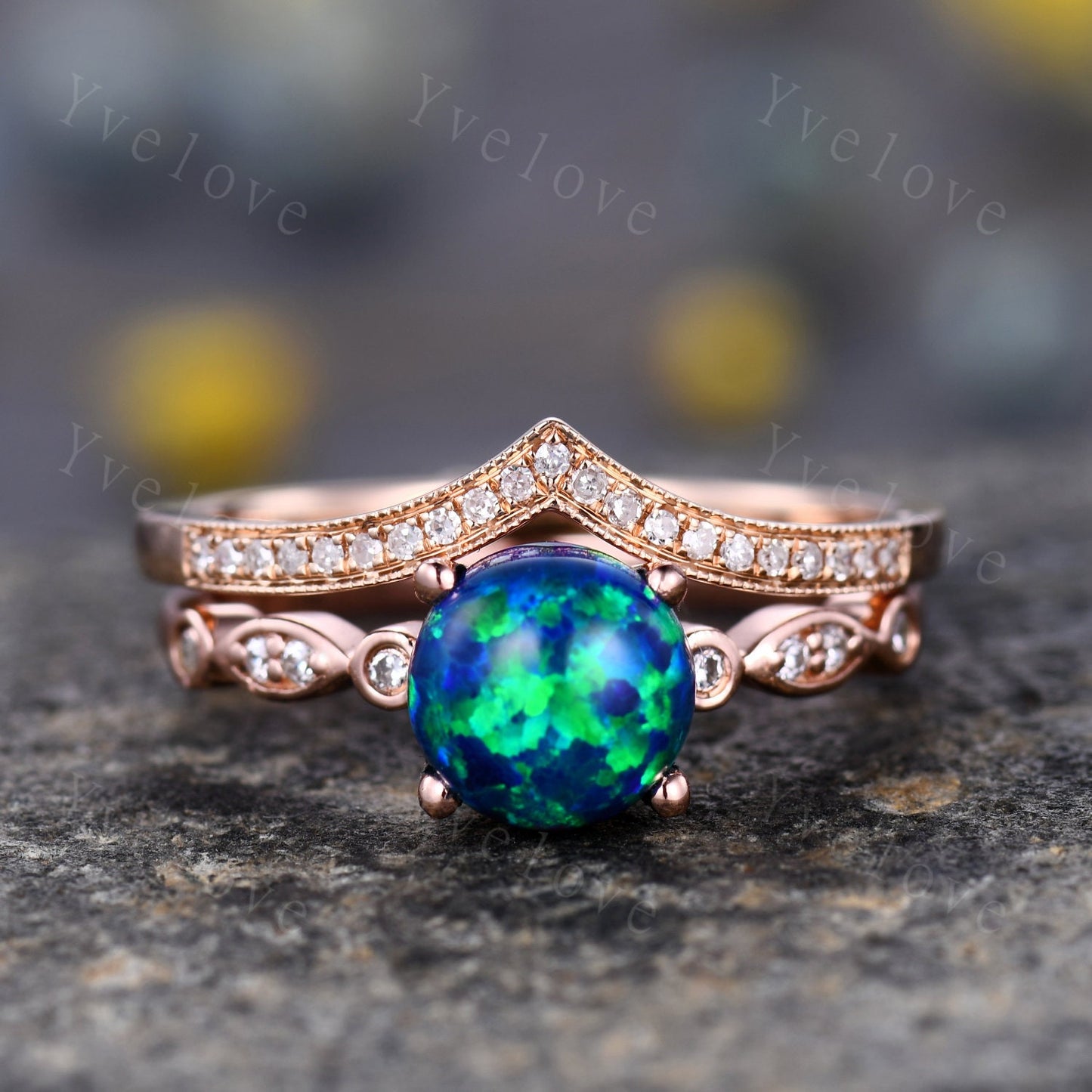 7mm Vintage Black Opal Engagement Ring,Art Deco Ring,Diamond Milgrain Band,Women Bridal Ring Set,Anniversary Jewelry October Birthstone Gift