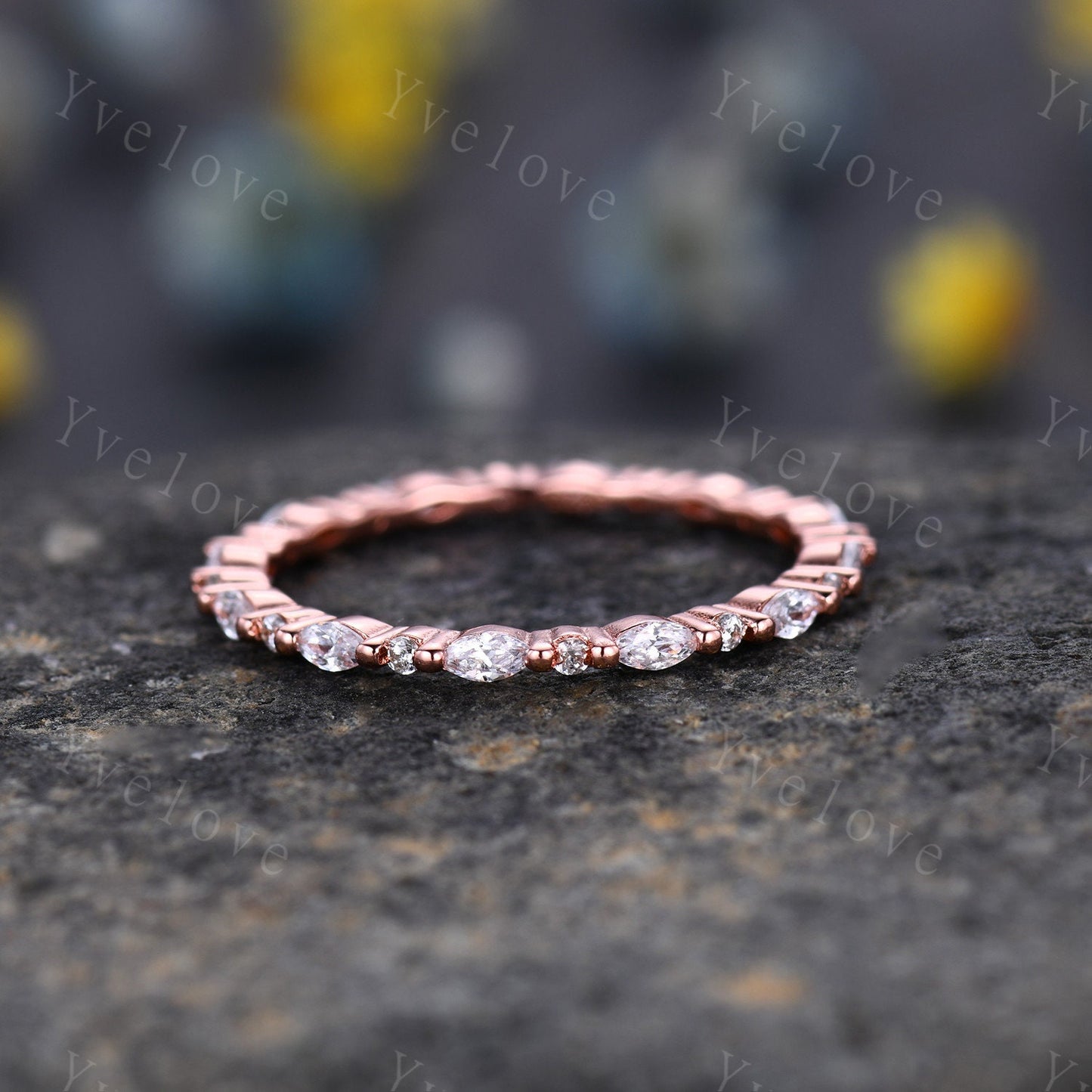 Unique Rose gold wedding band,Full eternity Moissanite wedding band,Women vintage Marquise cut Moissanite stacking matching band Bridal Ring