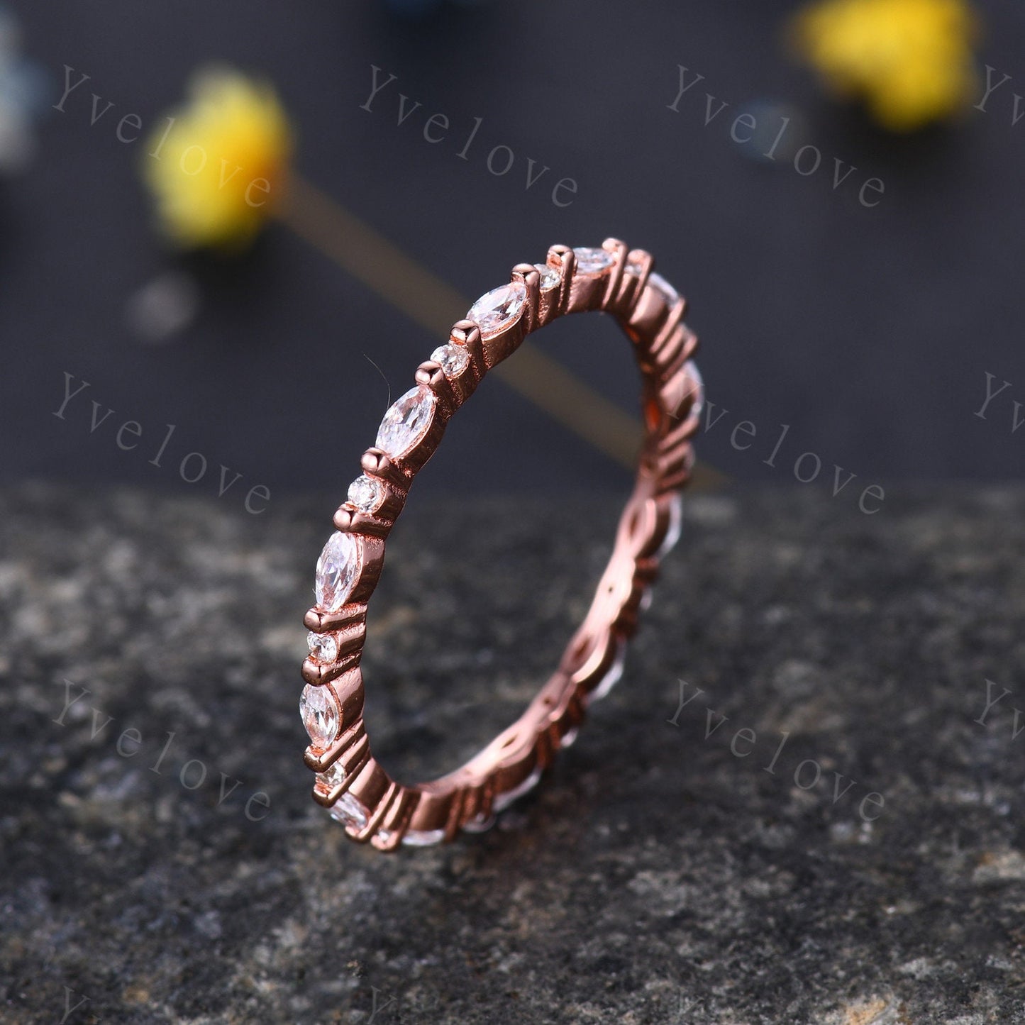 Unique Rose gold wedding band,Full eternity Moissanite wedding band,Women vintage Marquise cut Moissanite stacking matching band Bridal Ring