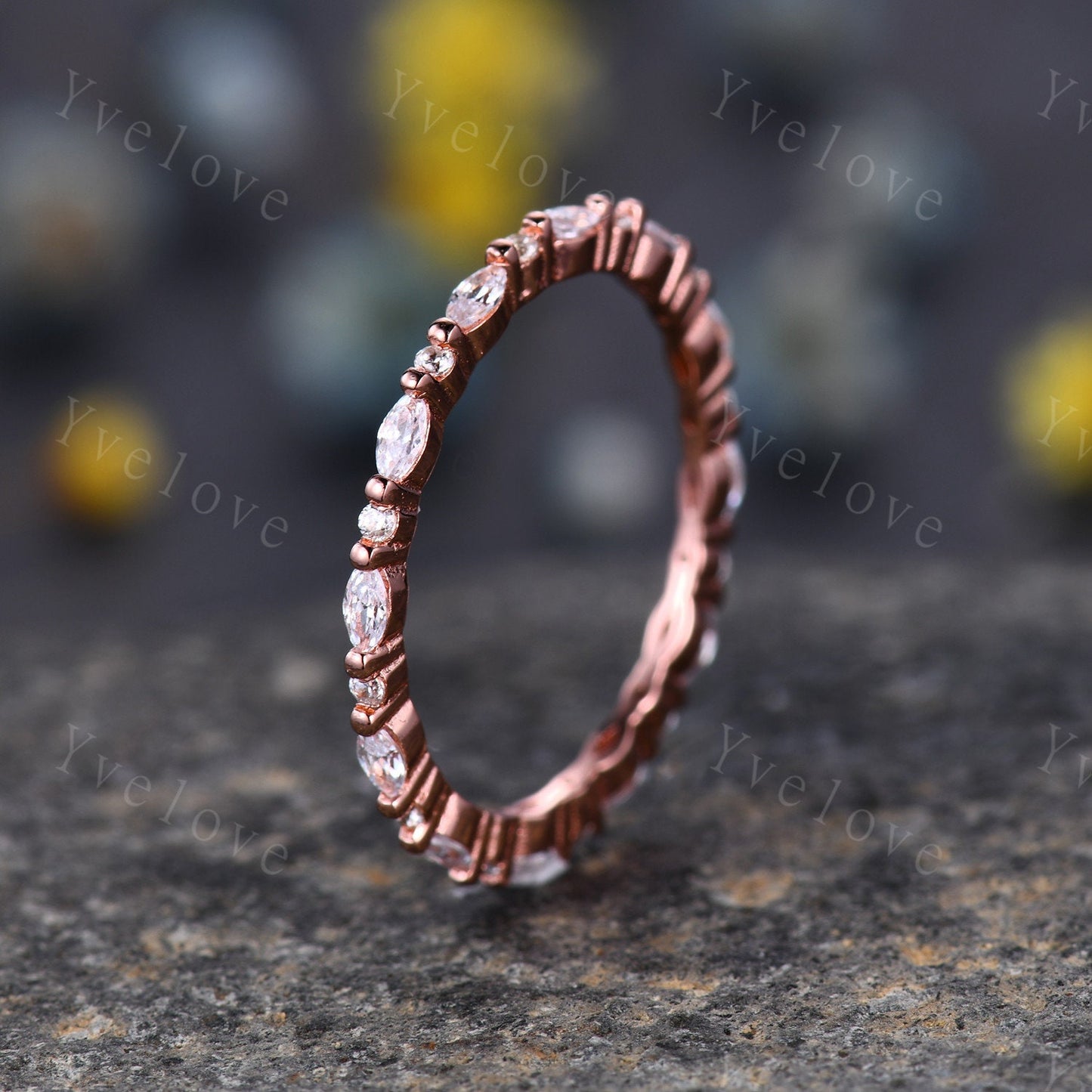 Unique Rose gold wedding band,Full eternity Moissanite wedding band,Women vintage Marquise cut Moissanite stacking matching band Bridal Ring