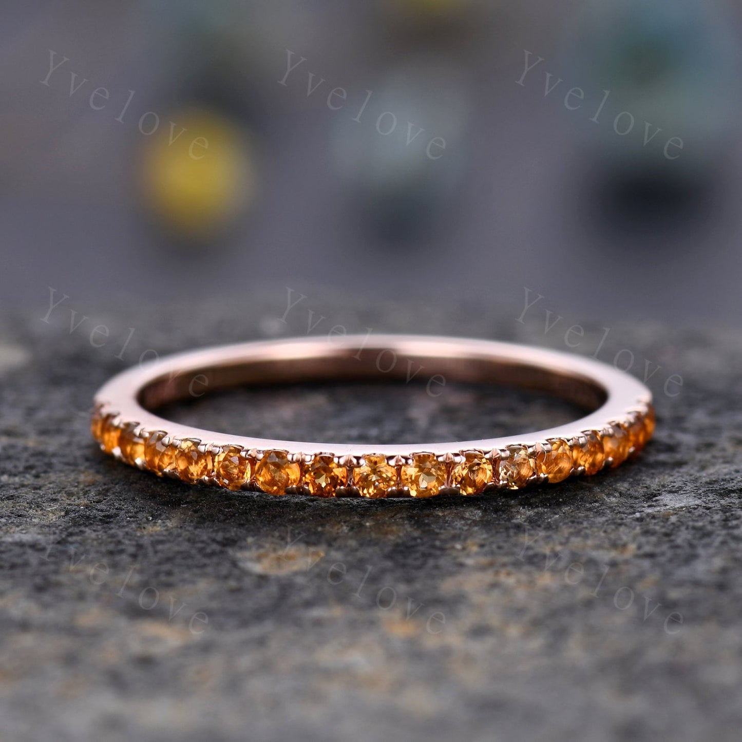 Danity citrine wedding ring 14k black gold wedding band half eternity black band citrine matching stacking ring anniversary gift for women