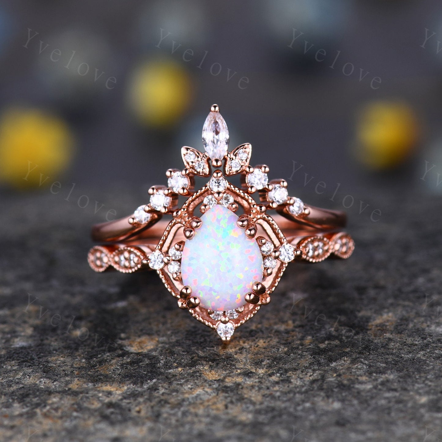 Vintage White Opal Engagement Ring Set,6x8mm Pear Opal Bridal Set,Moissanite Half Eternity Band,Solid Gold,Women Rings Gift For Her,Custom