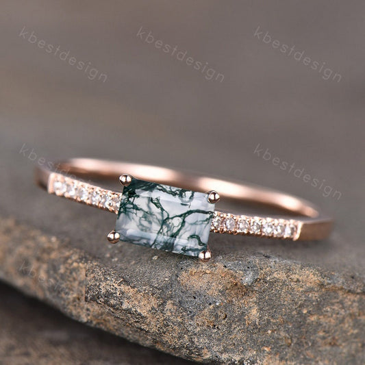 Dainty Moss Agate Rose Gold Ring Emerald Cut Moss Agate Engagement Ring Art Deco Half Eternity Bridal Wedding Promise Ring Gift for Her