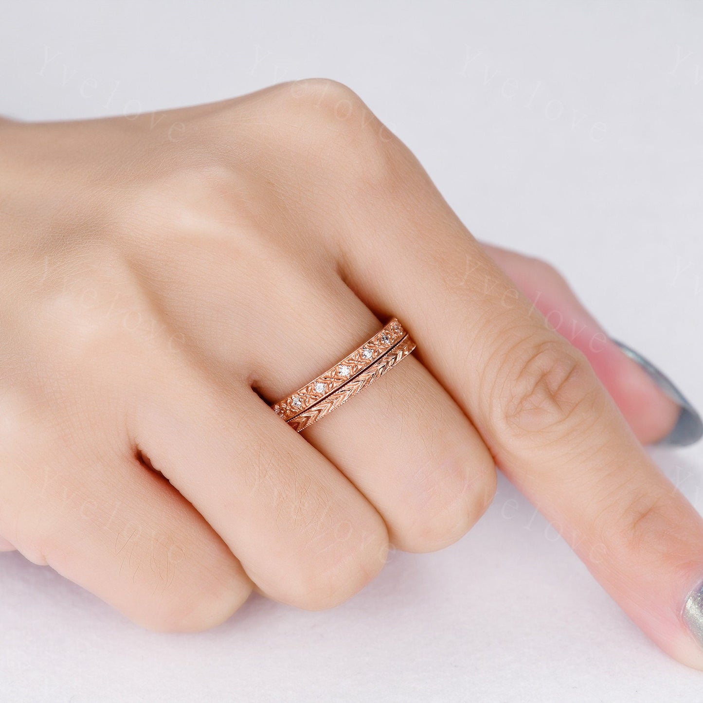 14k Plain Rose Gold Ring Filigree Milgrain Edge Wedding Band Handmade Ring Full Eternity Unique Floral Bridal Matching Stack Band Retro Ring
