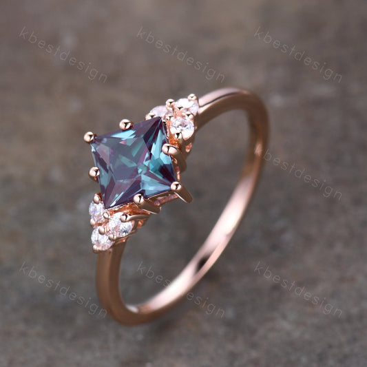 Princess cut Alexandrite ring rose gold ring for women vintage unique Alexandrite engagement ring art deco cluster bridal promise ring