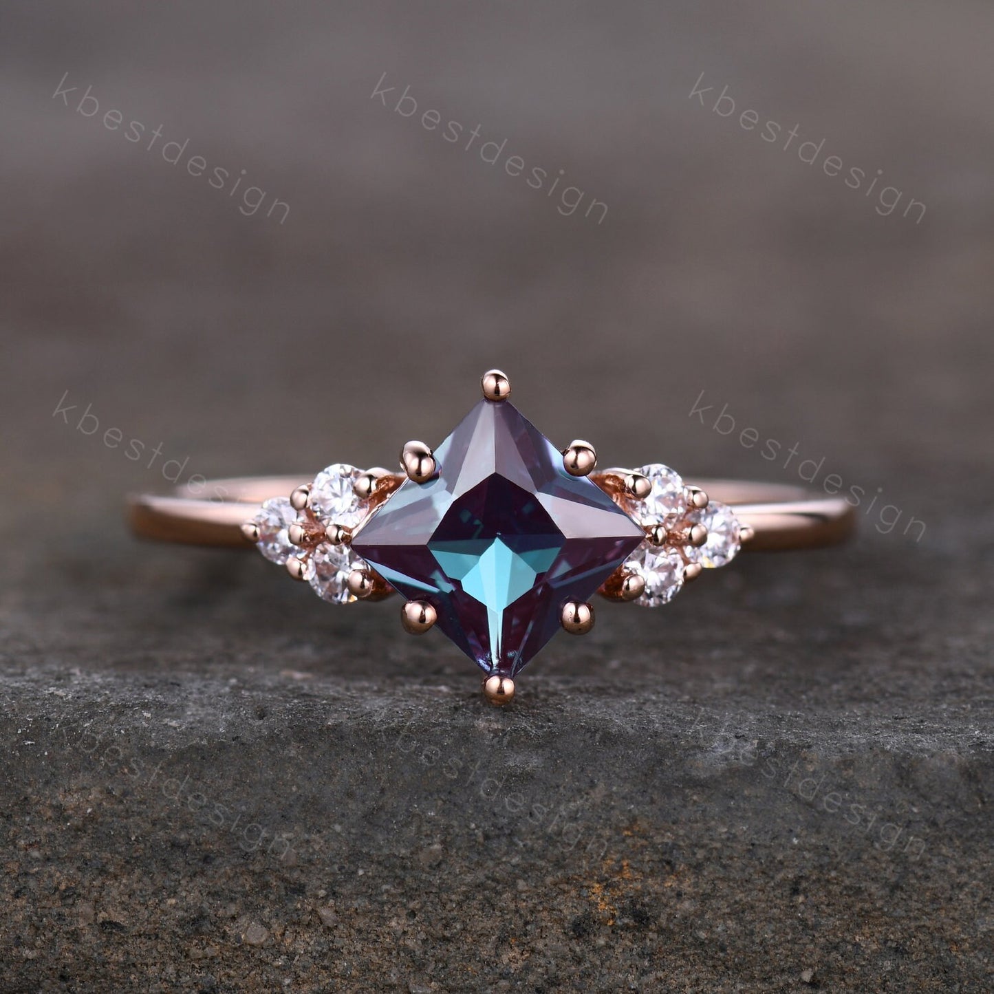 Vintage Princess Cut Alexandrite Engagement Ring Sterling Silver Ring Unique Diamond Cluster Wedding Ring Bridal Promise Ring Anniversary