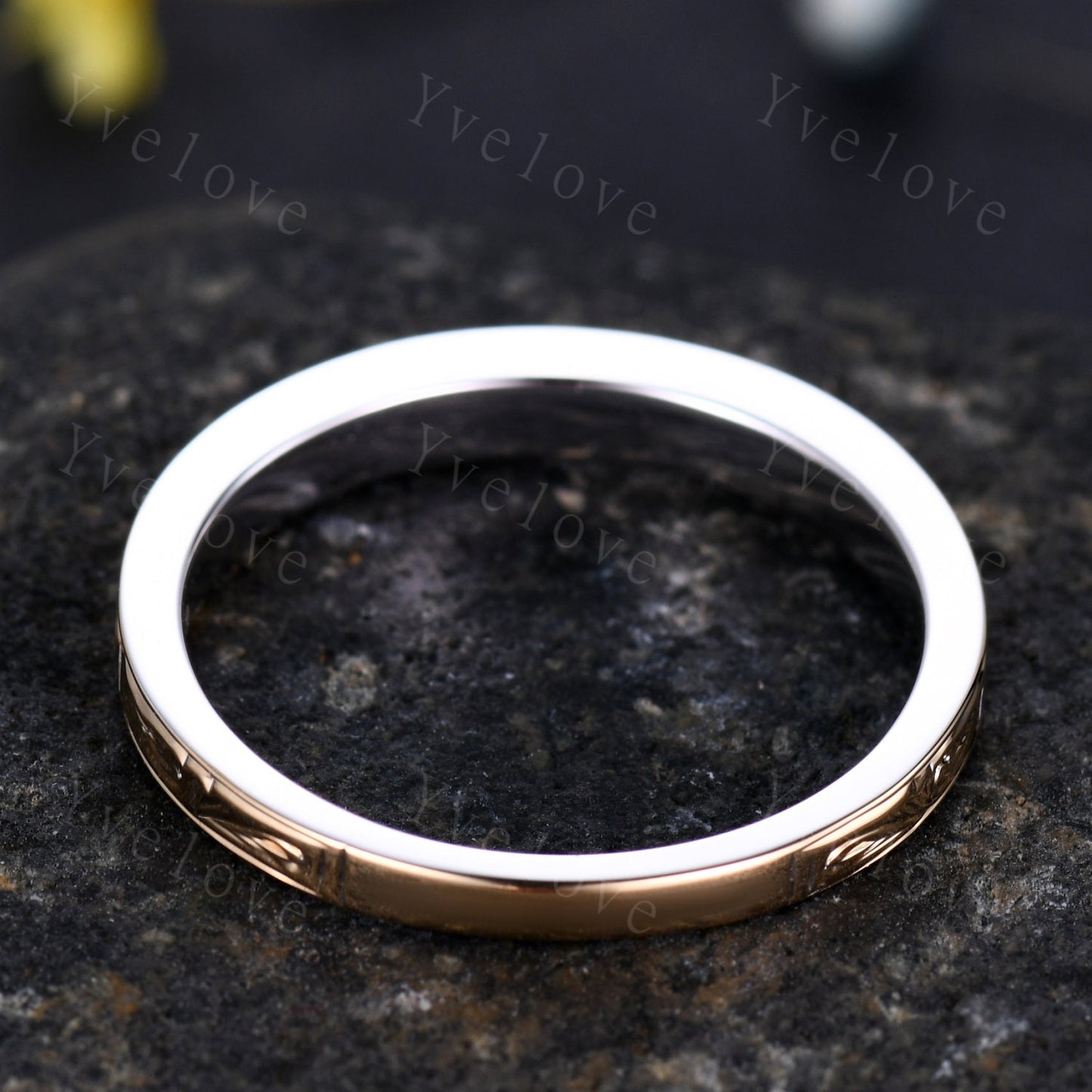 Unique Two tone band,yellow gold and white gold,14k Plain Gold Ring,Filigree Floral Design,Wedding Ring,Engagement Ring,Retro Vintage,Custom