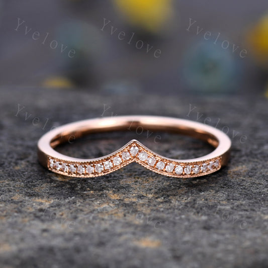 V shape diamond wedding band diamond matching band stacking ring 14k rose gold anniversary ring natural gemstone SI clarity H color