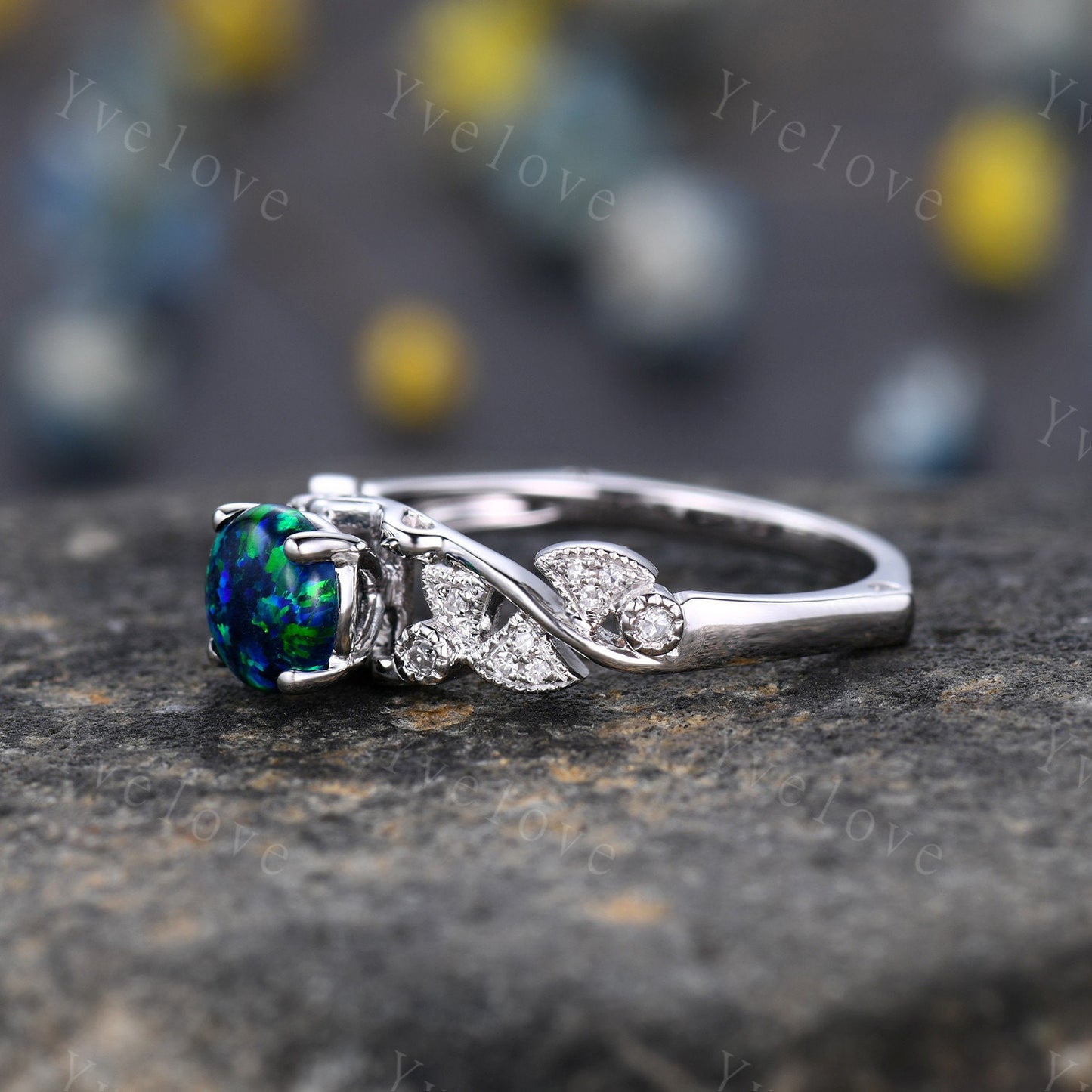 Vintage Black Opal Engagement Ring White Gold Blue Opal Diamond Wedding Ring Bridal Ring October Birthstone Promise Anniversary Gift For Her
