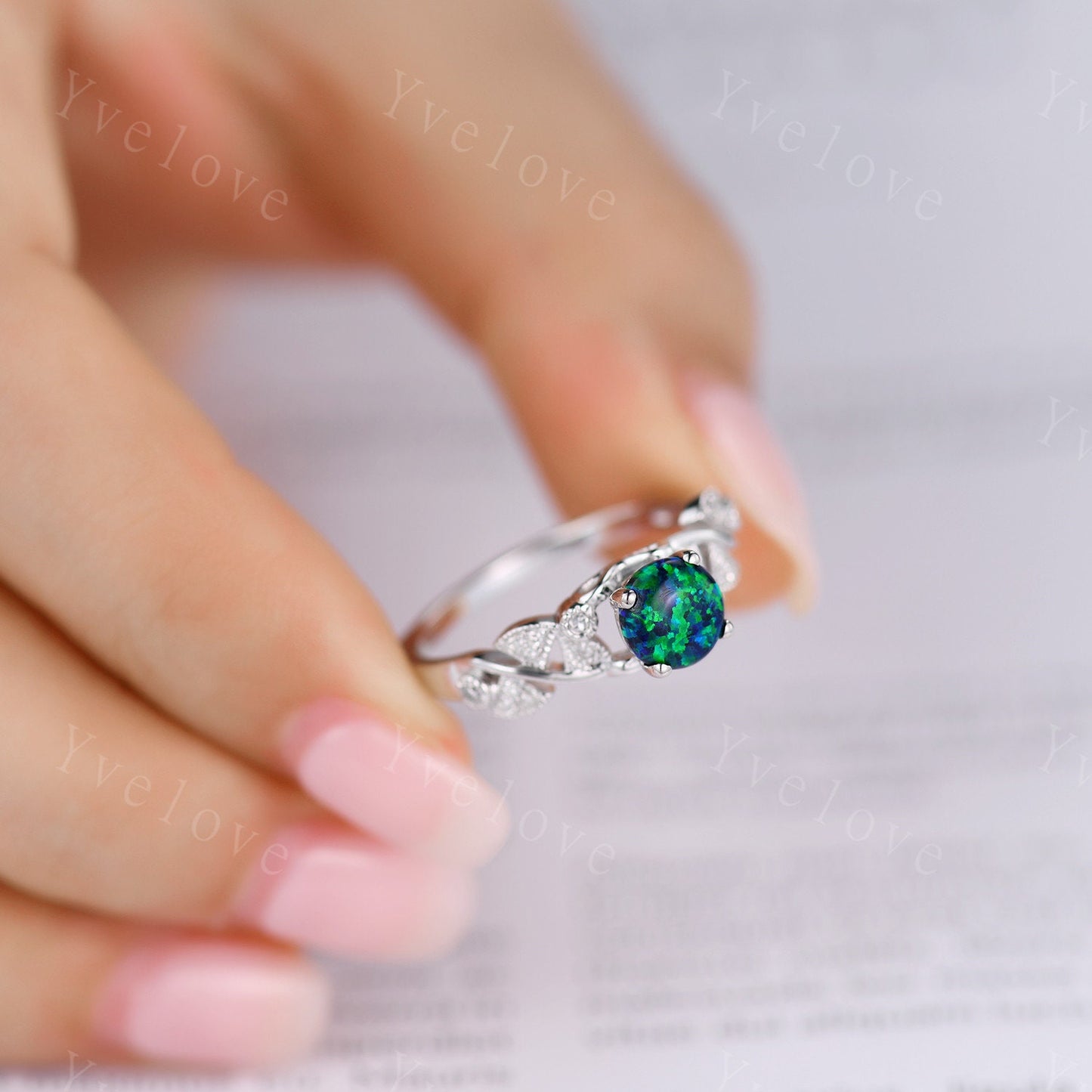 Vintage Black Opal Engagement Ring White Gold Blue Opal Diamond Wedding Ring Bridal Ring October Birthstone Promise Anniversary Gift For Her