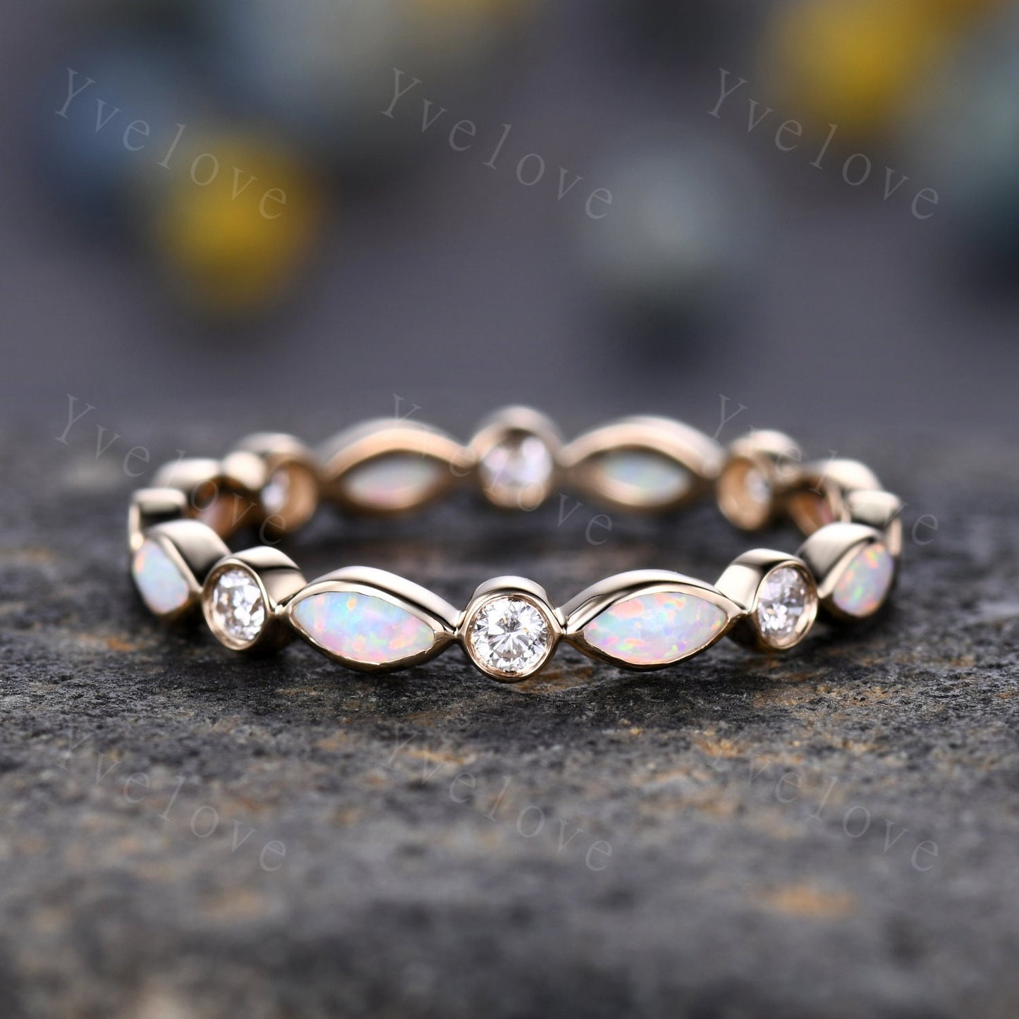 Full eternity white fire Opal wedding ring 14k rose gold diamond wedding band  marquise opal band October Birthstone stacking matching band