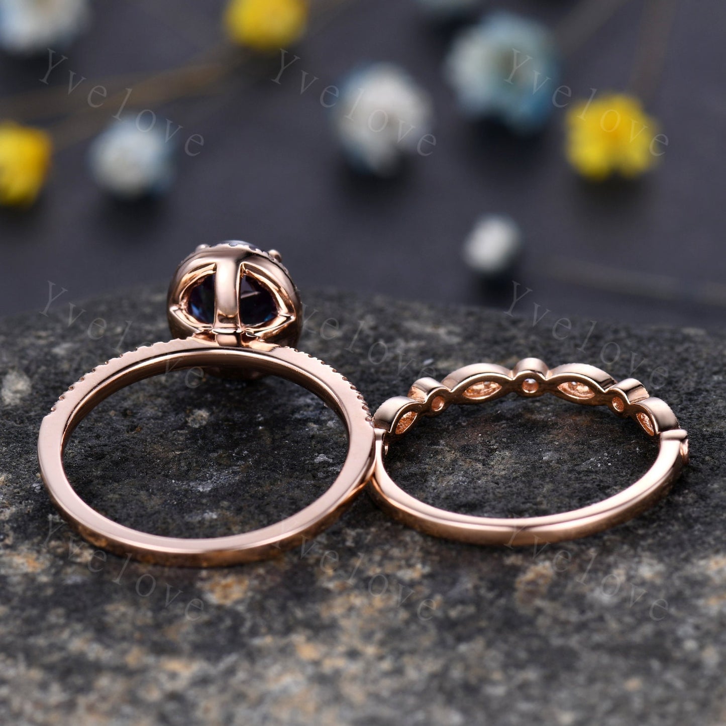 Special listing for Dan, change to size 5 1/4, a set, 14k rose gold, side stones moissanite.