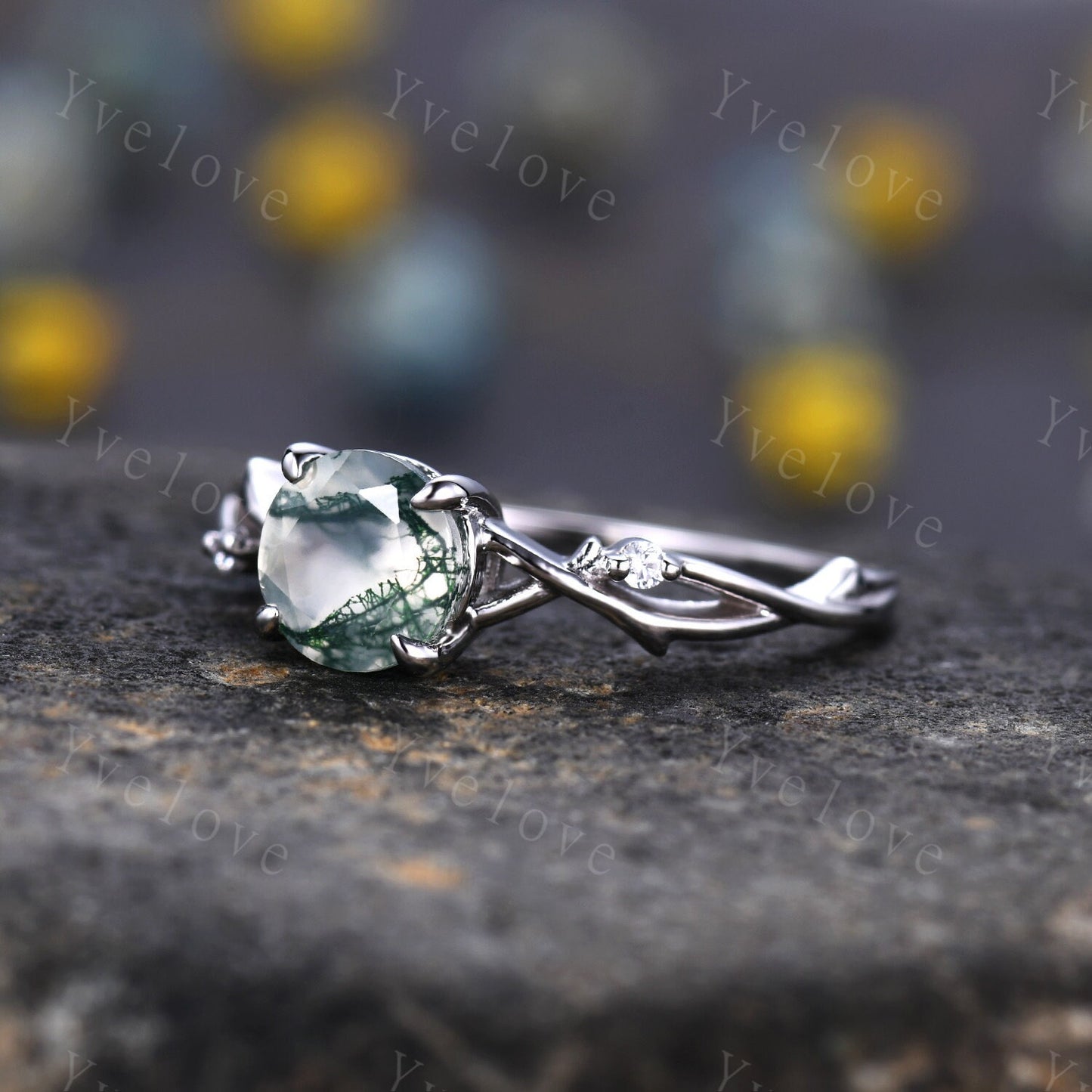 Unique Moss Agate Engagement Ring Set,Vintage Diamond Ring Set,Branch Ring,Sterling Sliver,Twisted Ring Promise Bridal Set,Green Agate Ring