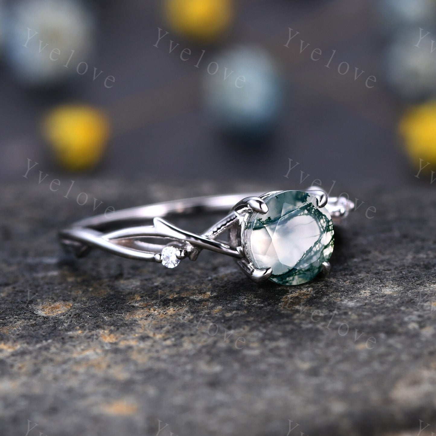 Unique Moss Agate Engagement Ring Set,Vintage Diamond Ring Set,Branch Ring,Sterling Sliver,Twisted Ring Promise Bridal Set,Green Agate Ring