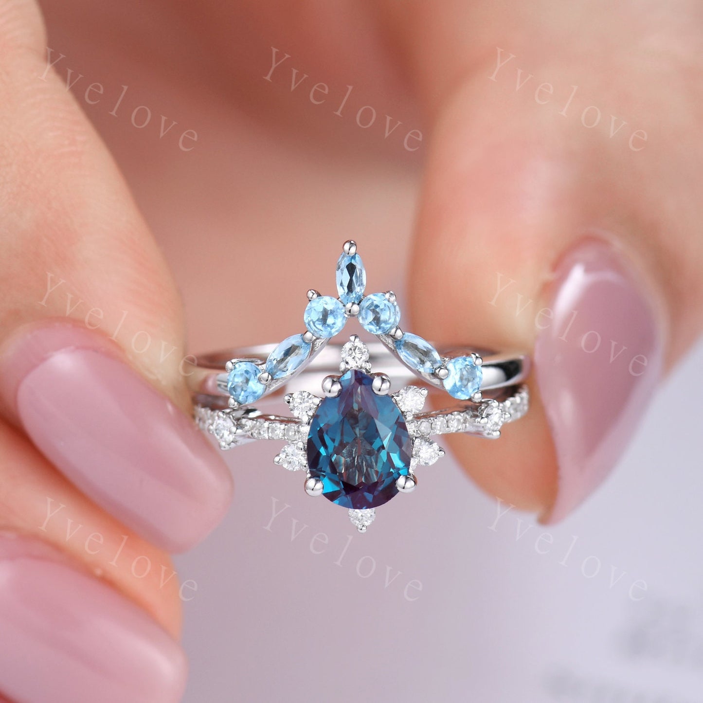Vintage Alexandrite Engagement Ring Set,Pear Cut Gem,Bridal Set,Curved Blue Topaz Stacking Band,14k White Gold Ring,Promise Ring Gift,Silver