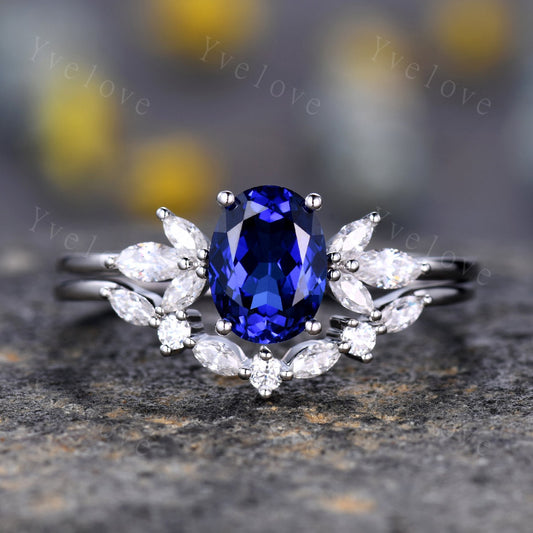 Blue Sapphire Ring Oval Sapphire Engagement Ring 14k White Gold Women Moissanite Sapphire Wedding Ring Set Art Deco Stacking Bridal Set 14k