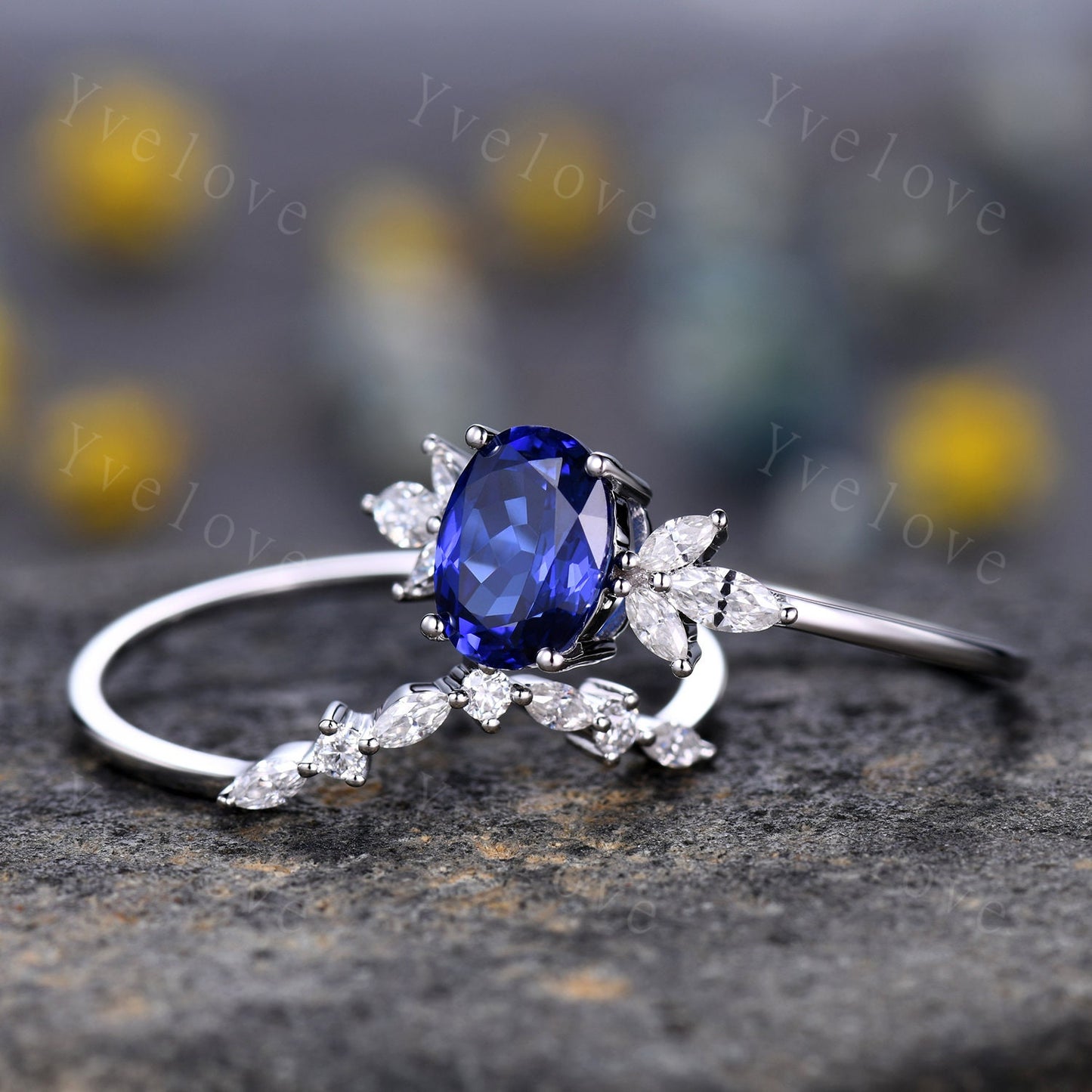Blue Sapphire Ring Oval Sapphire Engagement Ring 14k White Gold Women Moissanite Sapphire Wedding Ring Set Art Deco Stacking Bridal Set 14k