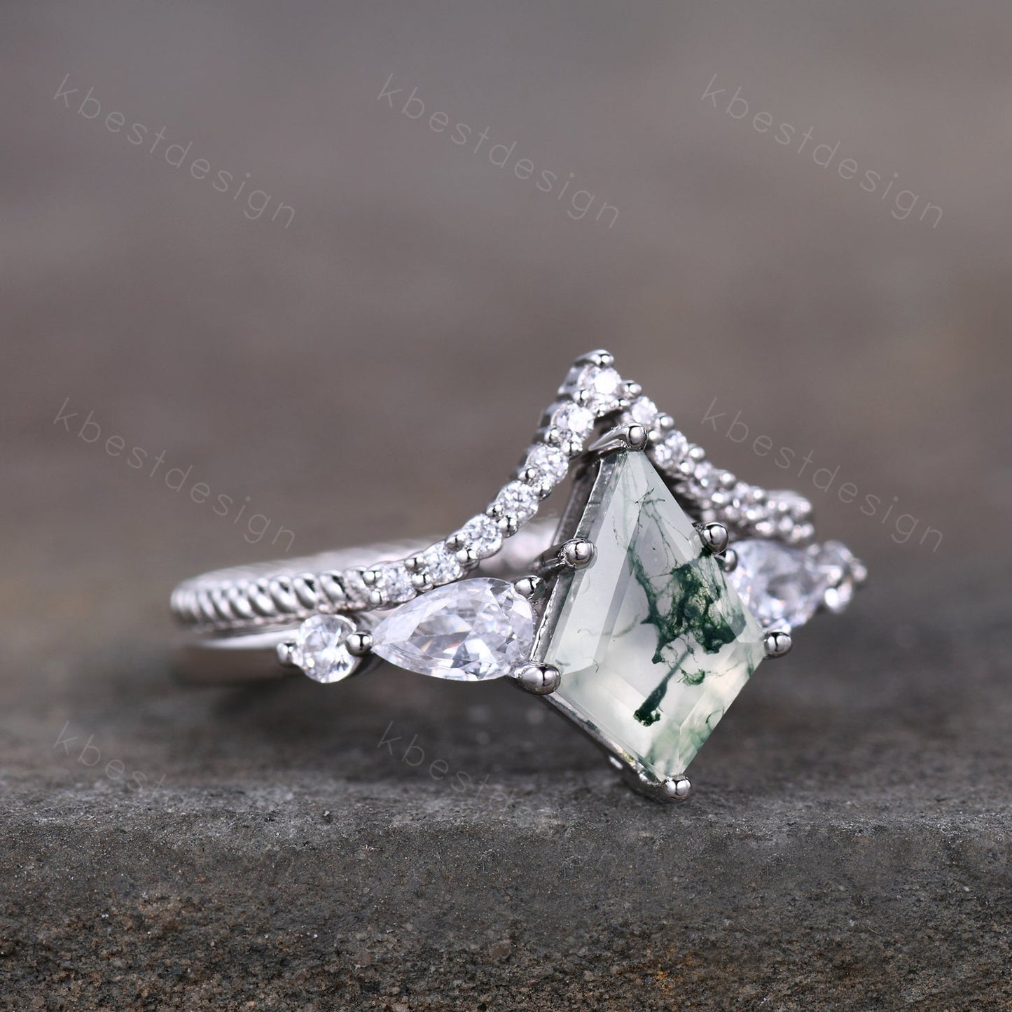 Vintage kite cut green moss agate engagement ring set sterling silver pear shaped wedding ring for women art deco bridal wedding set