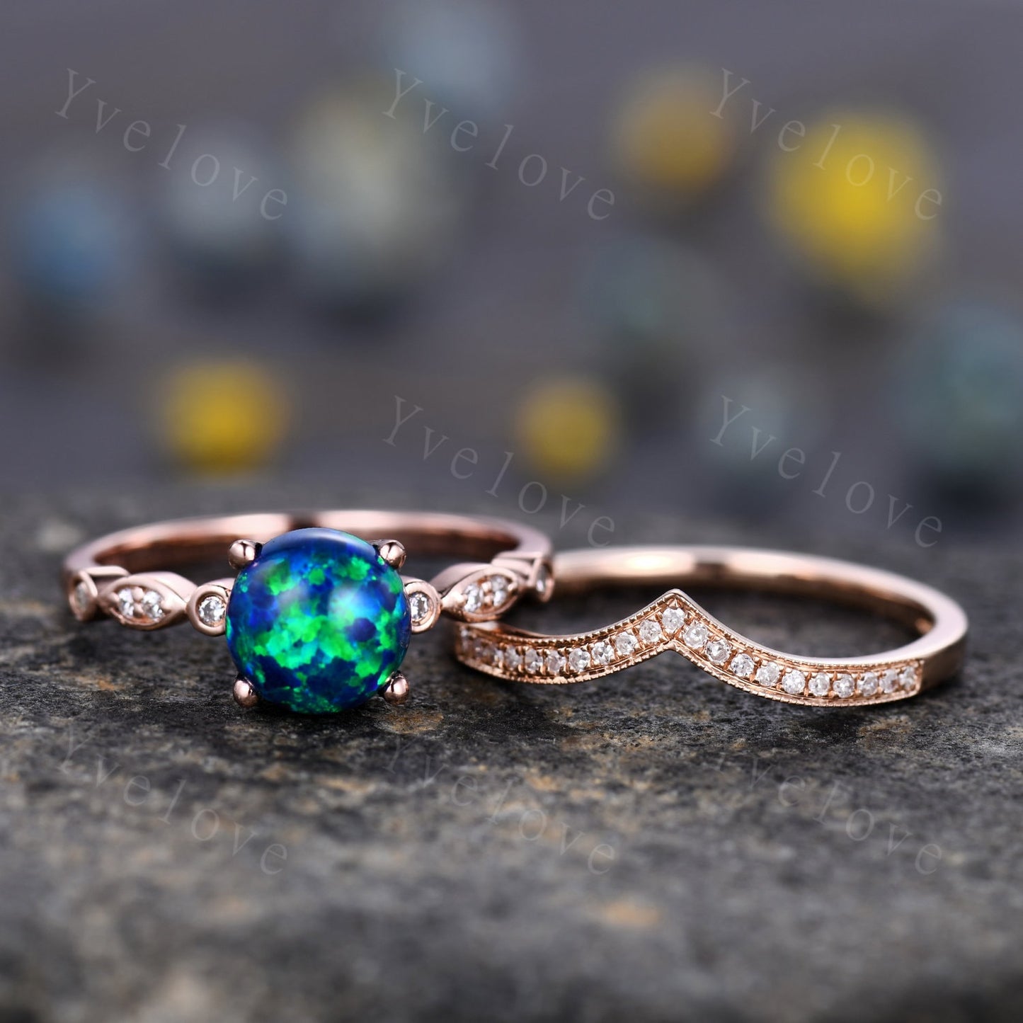 7mm Vintage Black Opal Engagement Ring,Art Deco Ring,Diamond Milgrain Band,Women Bridal Ring Set,Anniversary Jewelry October Birthstone Gift