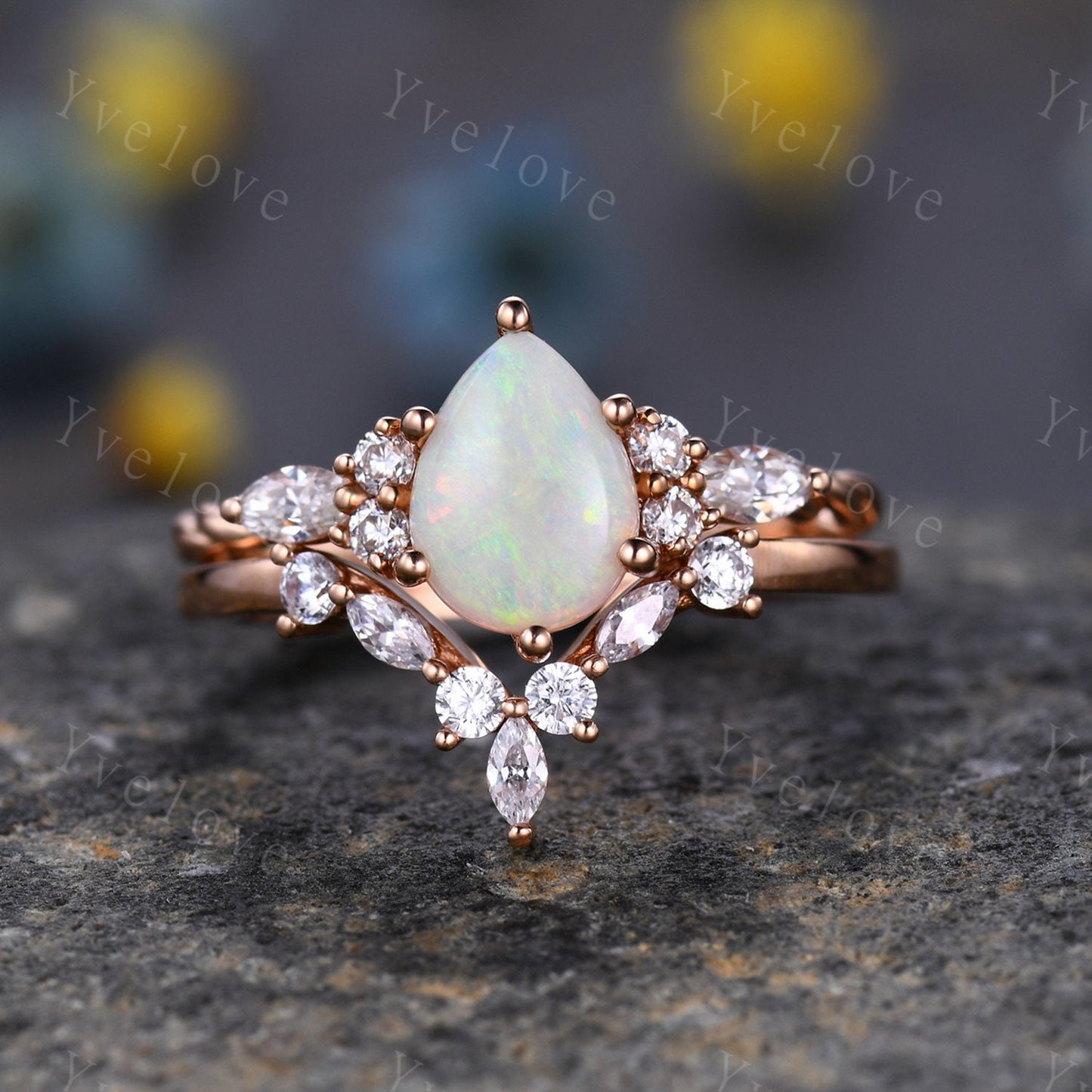 Natural Opal Engagement Ring rose gold,Pear shaped ring,Prong set Moissanite Diamond ring,Twisted Ring women,Anniversary promise ring