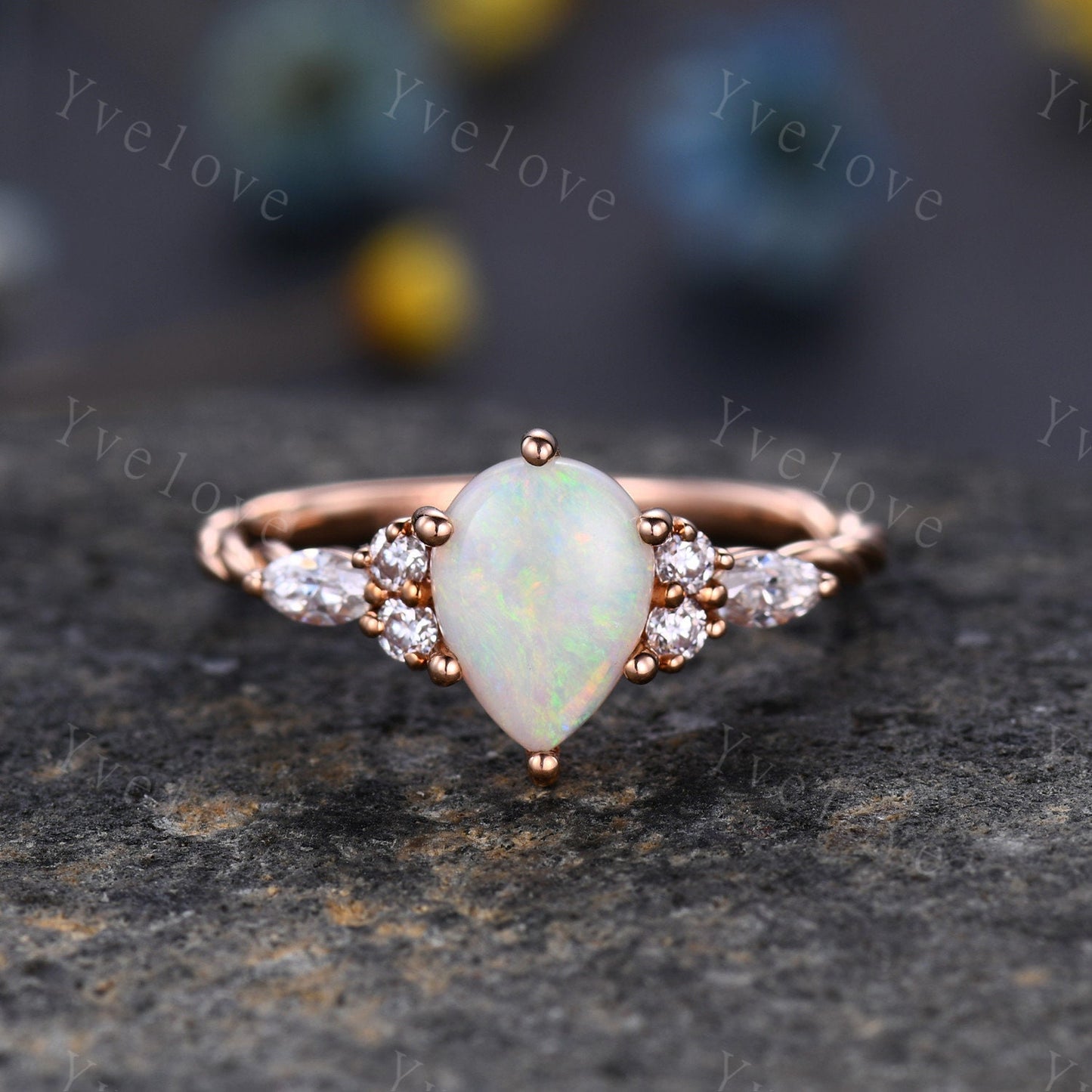 Natural Opal Engagement Ring rose gold,Pear shaped ring,Prong set Moissanite Diamond ring,Twisted Ring women,Anniversary promise ring