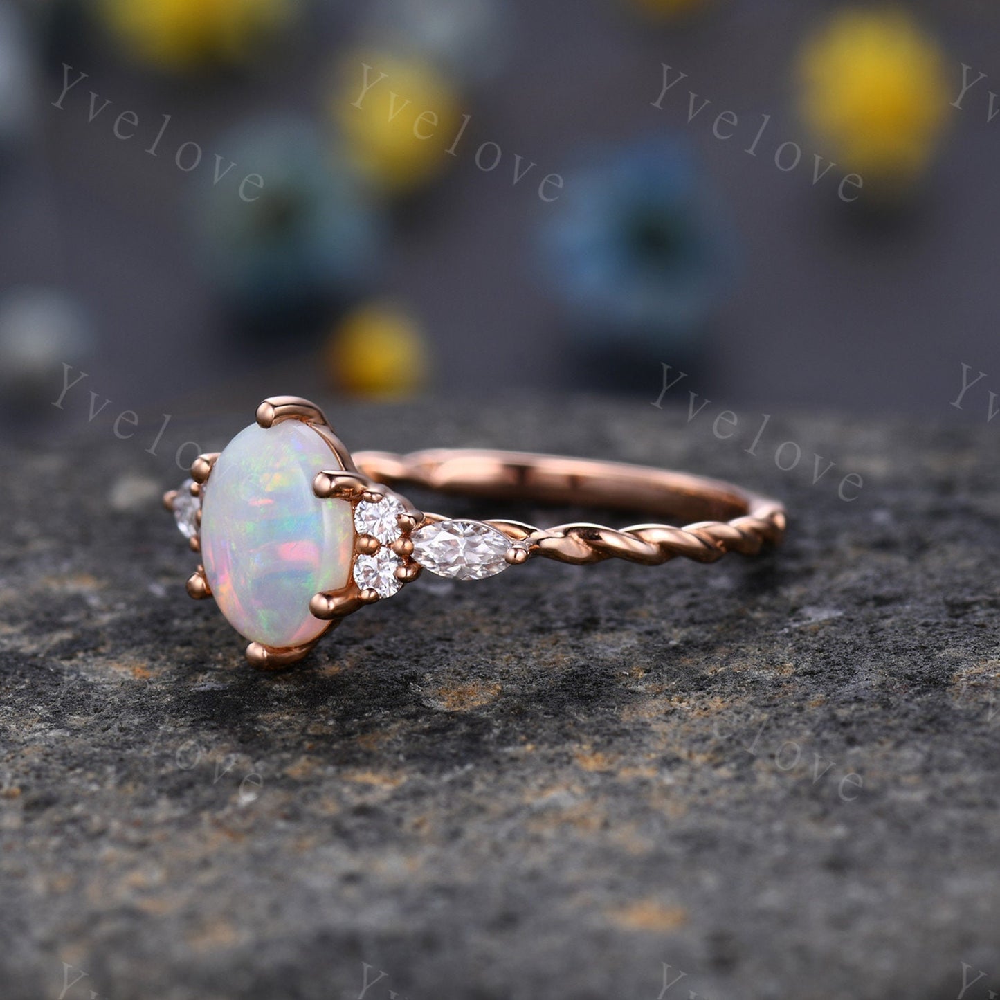 Dainty Natural Oval Cut Opal Ring, Opal Stacking Ring,White Opal Ring,Rose Gold Opal Ring,Delicate Opal Ring,Twisted Band,Bridesmaid Gift