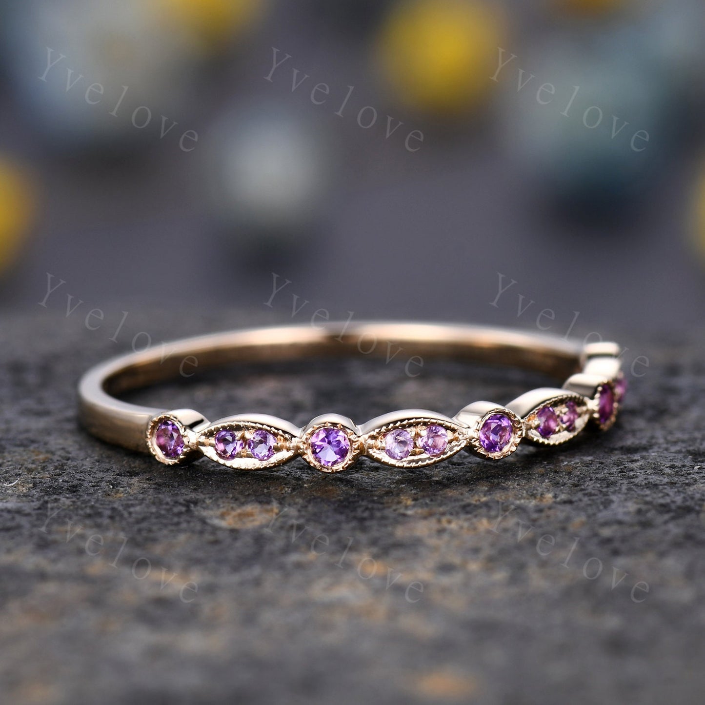 Amethyst ring gift art deco half eternity amethyst wedding band milgrain style ring 14k yellow gold matching band natural gemstone IF color