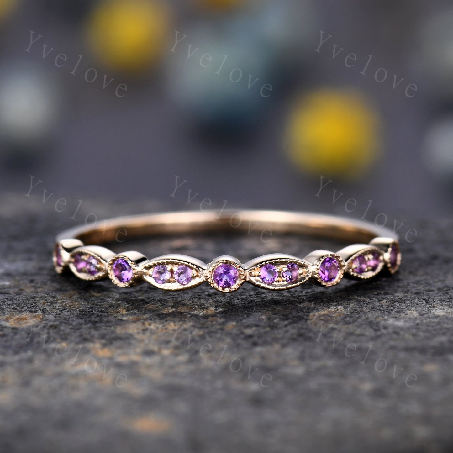 Amethyst ring gift art deco half eternity amethyst wedding band milgrain style ring 14k yellow gold matching band natural gemstone IF color