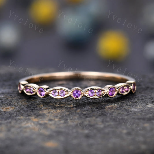 Amethyst ring gift art deco half eternity amethyst wedding band milgrain style ring 14k yellow gold matching band natural gemstone IF color