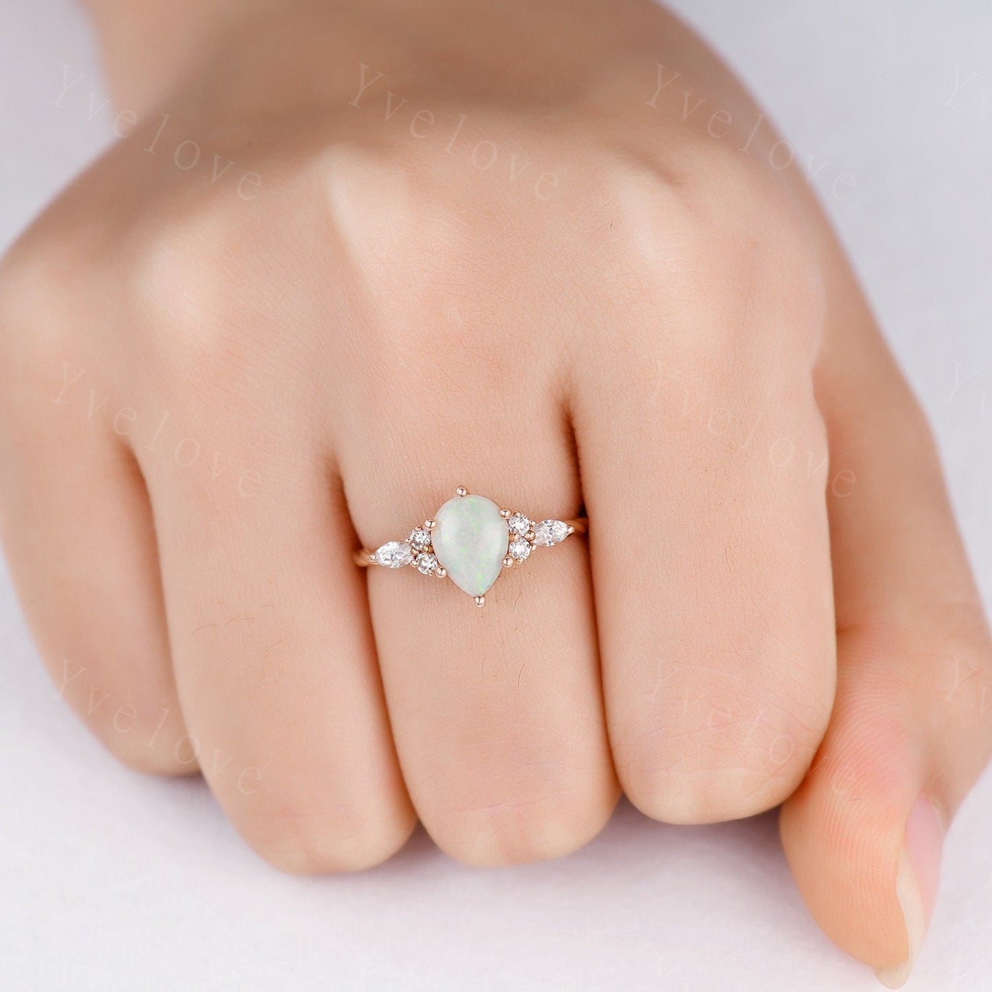Natural Opal Engagement Ring rose gold,Pear shaped ring,Prong set Moissanite Diamond ring,Twisted Ring women,Anniversary promise ring