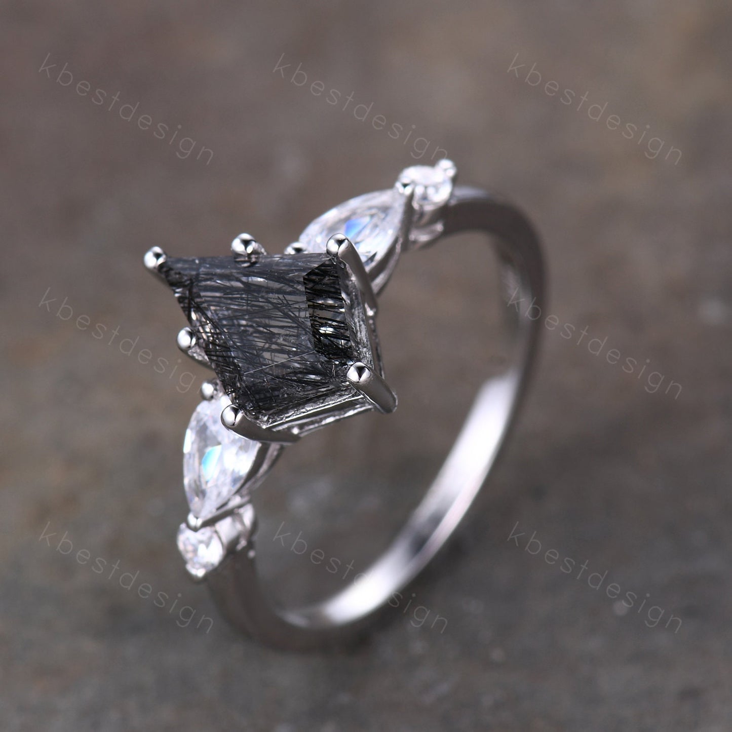 Vintage black rutilated quartz engagement ring rose gold kite cut ring art deco ring for women unique pear diamond bridal promise ring