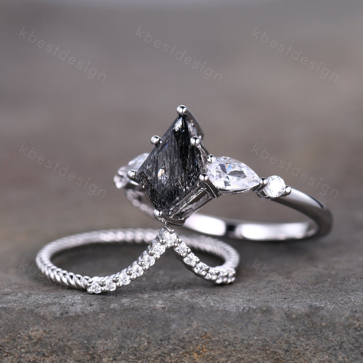 Kite cut black rutilated quartz engagement ring set sterling silver black gemstone ring set unique twisted stacking band promise ring set