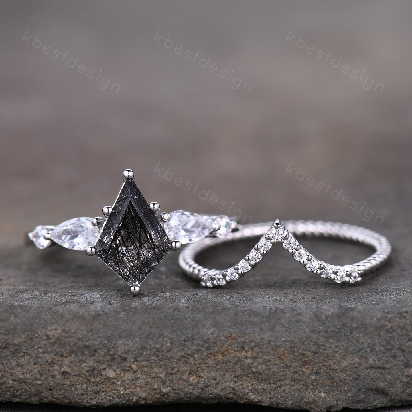 Kite cut black rutilated quartz engagement ring set sterling silver black gemstone ring set unique twisted stacking band promise ring set