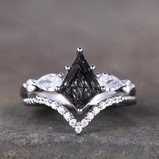 Kite cut black rutilated quartz engagement ring set sterling silver black gemstone ring set unique twisted stacking band promise ring set