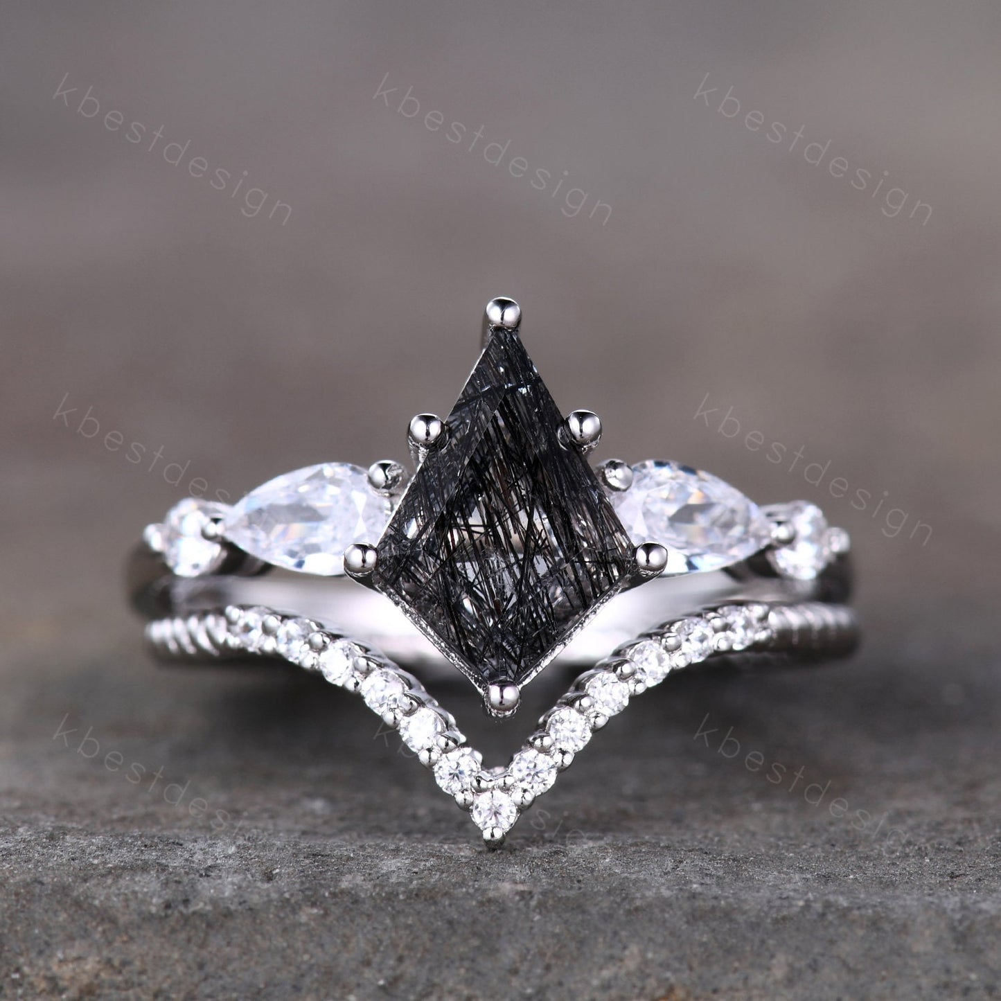 Kite cut black rutilated quartz engagement ring set sterling silver black gemstone ring set unique twisted stacking band promise ring set