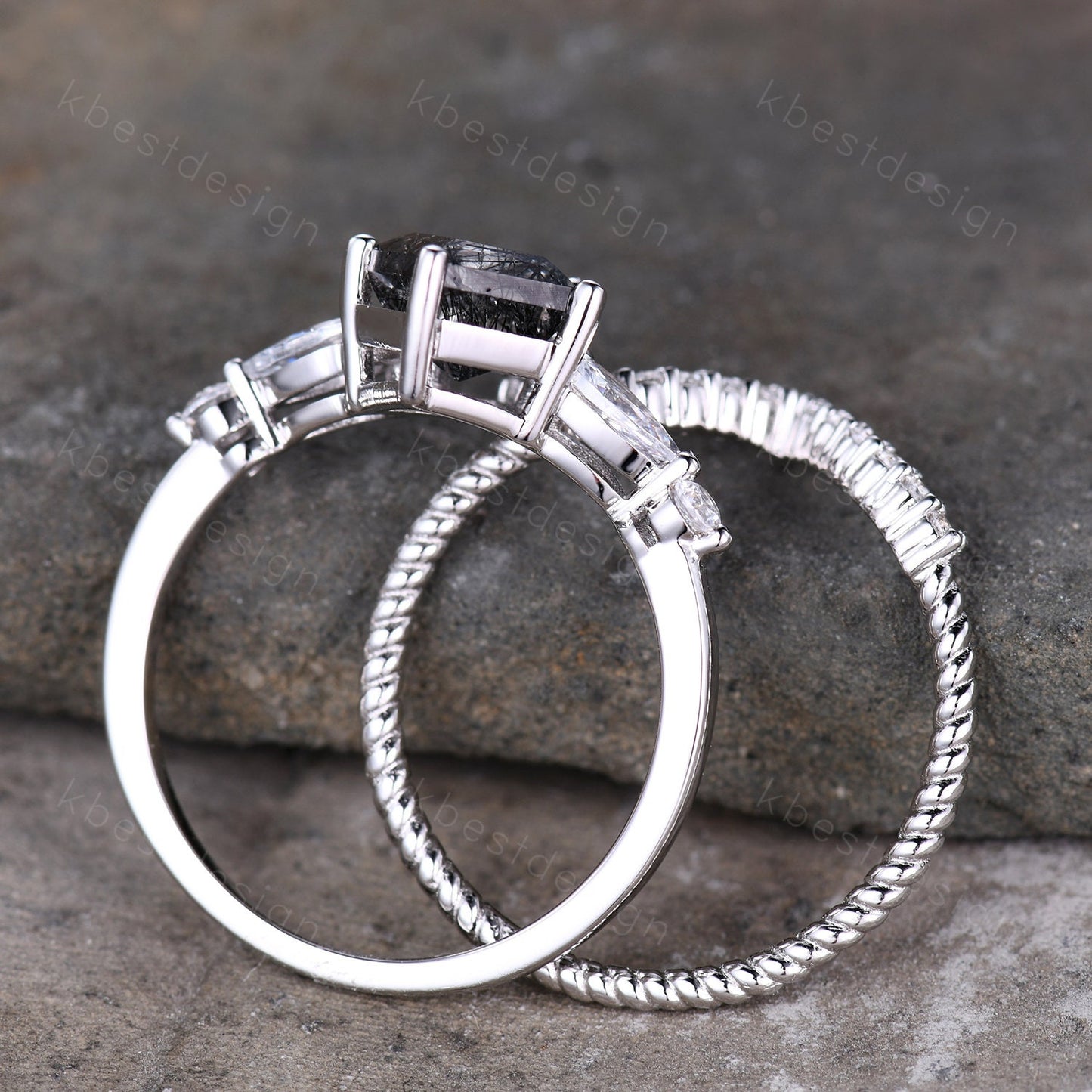 Kite cut black rutilated quartz engagement ring set sterling silver black gemstone ring set unique twisted stacking band promise ring set