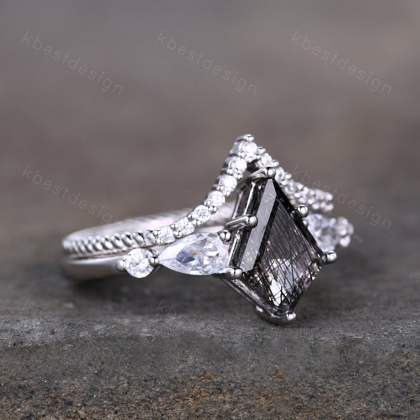 Kite cut black rutilated quartz engagement ring set sterling silver black gemstone ring set unique twisted stacking band promise ring set