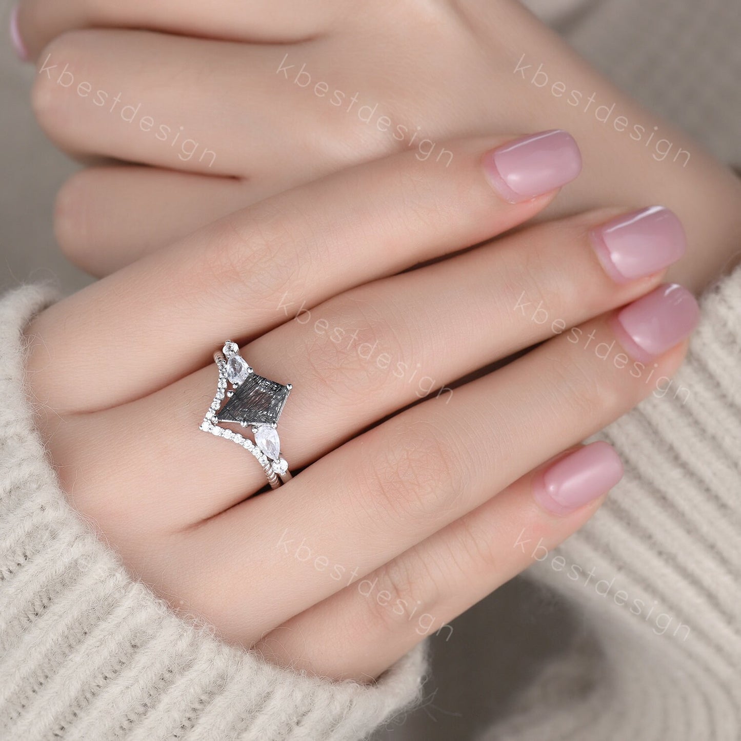 Kite cut black rutilated quartz engagement ring set sterling silver black gemstone ring set unique twisted stacking band promise ring set