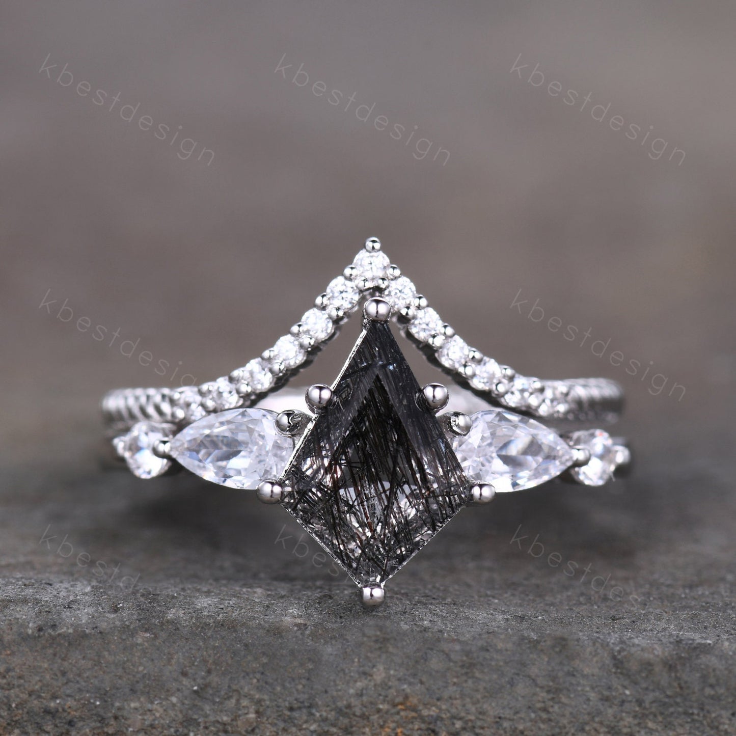Kite cut black rutilated quartz engagement ring set sterling silver black gemstone ring set unique twisted stacking band promise ring set