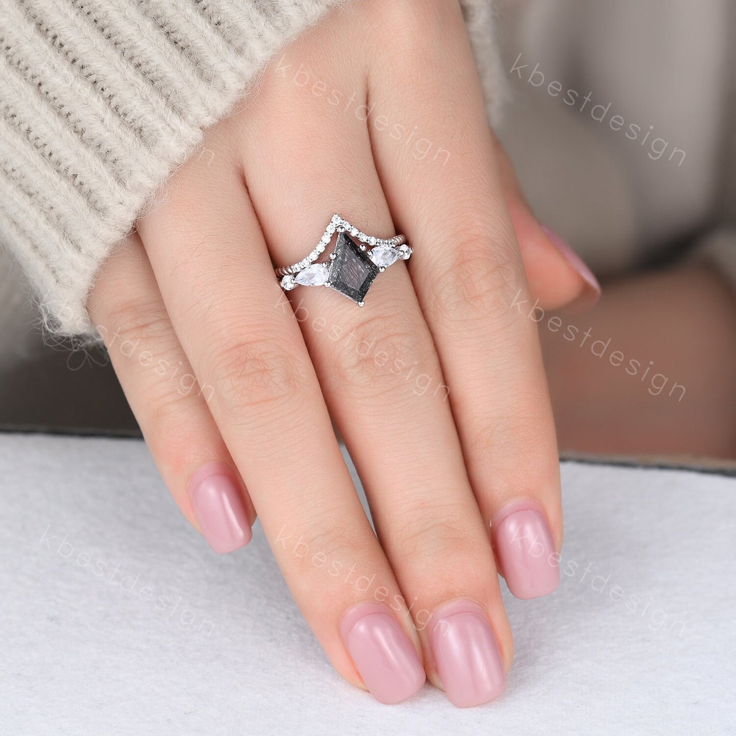 Kite cut black rutilated quartz engagement ring set sterling silver black gemstone ring set unique twisted stacking band promise ring set