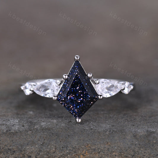 Kite cut blue sandstone engagement ring unique pear shaped diamond wedding ring for women sterling silver ring promise ring gift for her