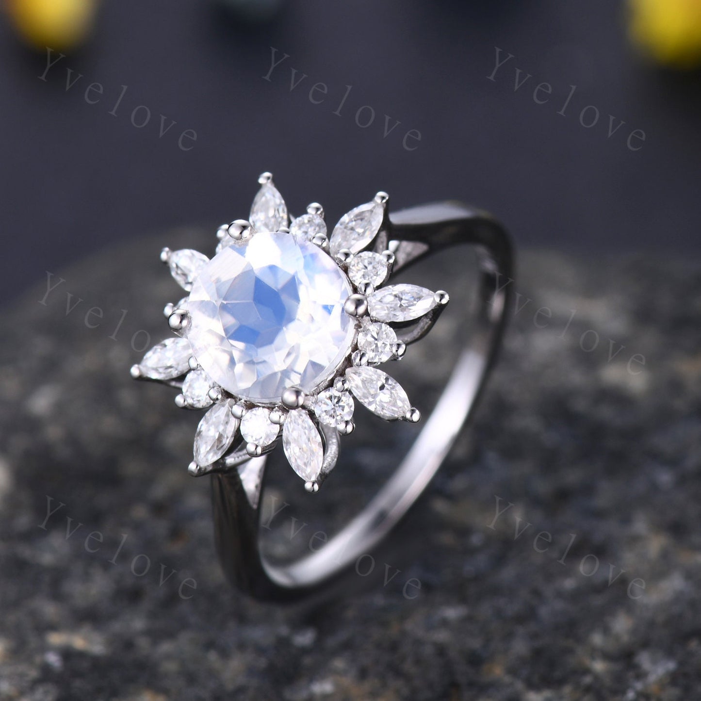 Vintage Moonstone Engagement Ring,Sterling Silver Ring,Plain Gold Band,Rainbow Moonstone Ring,Solitaire Ring,Anniversary Ring, Gift for Her