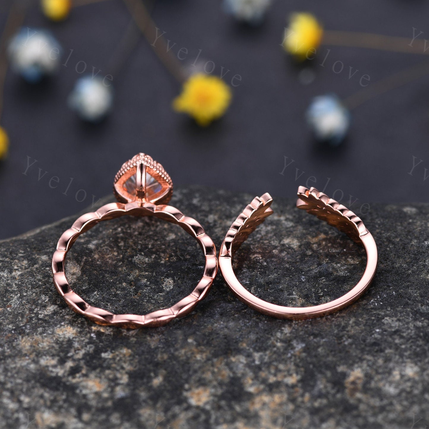 Vintage Pear Cut Moissanite Engagement Ring Set Unique Leaf Twisted Design Ring Art Deco 14K Rose Gold Oval Moissanite Bridal Set Customized