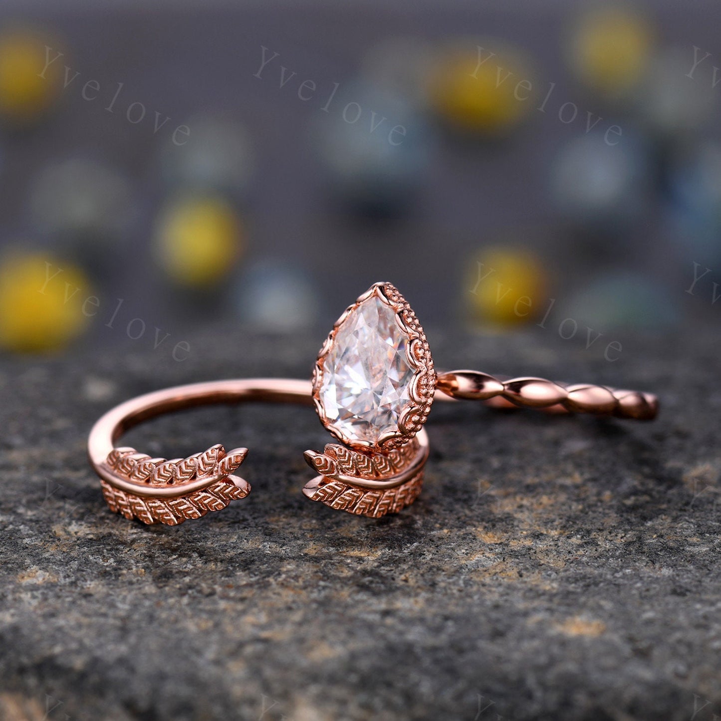 Vintage Pear Cut Moissanite Engagement Ring Set Unique Leaf Twisted Design Ring Art Deco 14K Rose Gold Oval Moissanite Bridal Set Customized