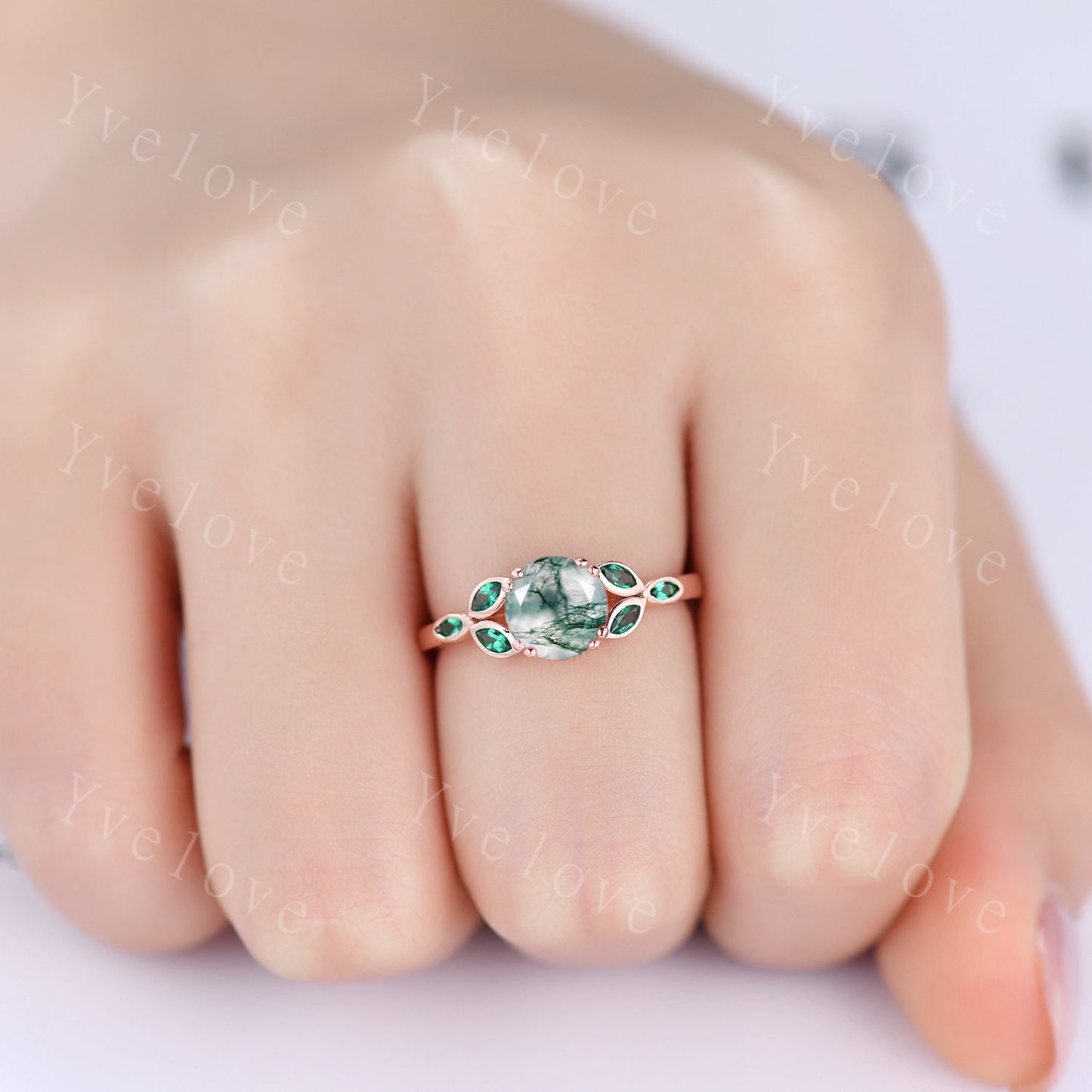 7mm round moss agate engagement ring leaf marquise emerald stones vintage moss agate wedding ring  floral ring promise  anniversary gift