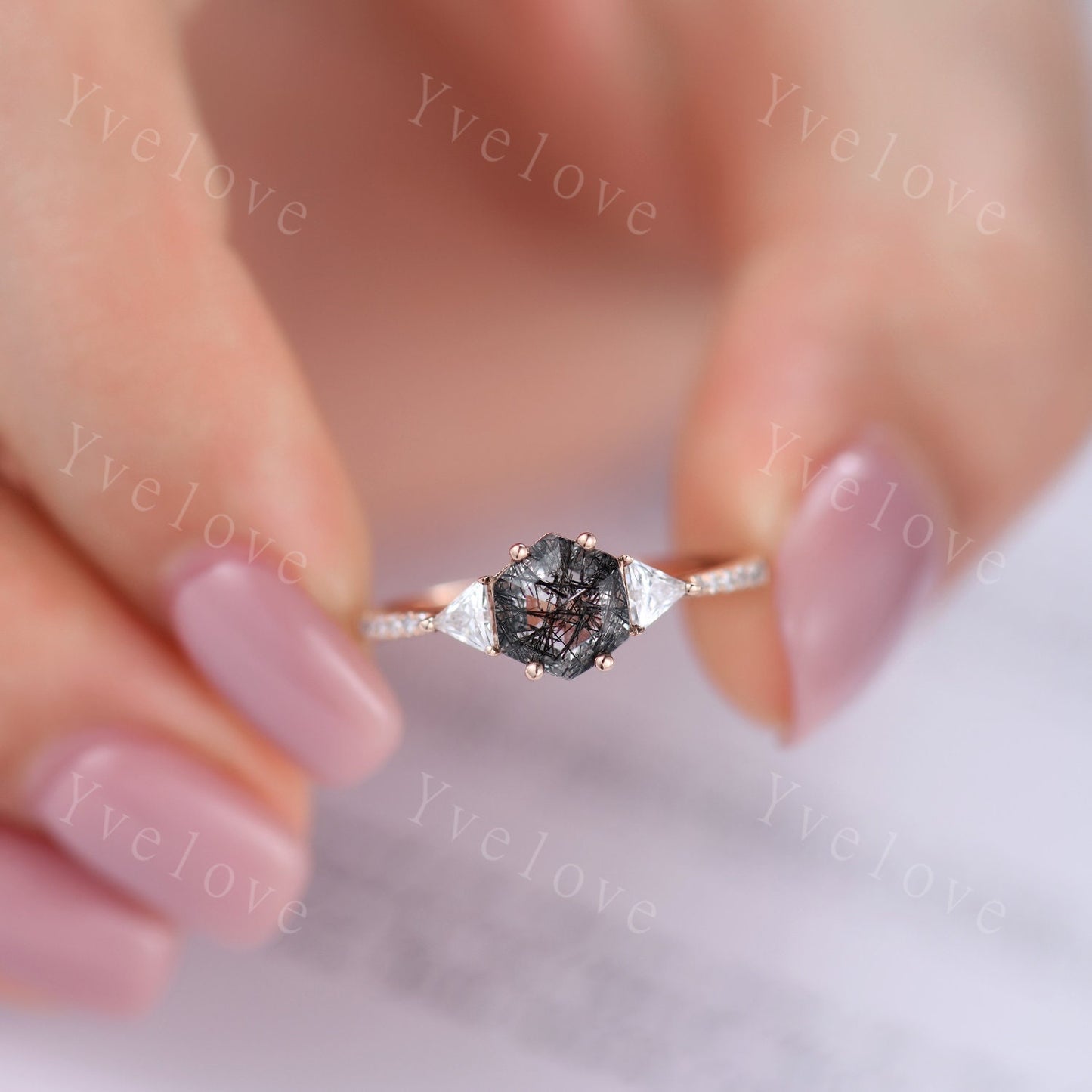 Hexagon Cut Black Rutilated Quartz Engagement Ring,Vingate Bridal Ring Set,Three Stone Engagement Ring,Anniversary Birthday Gift for Her
