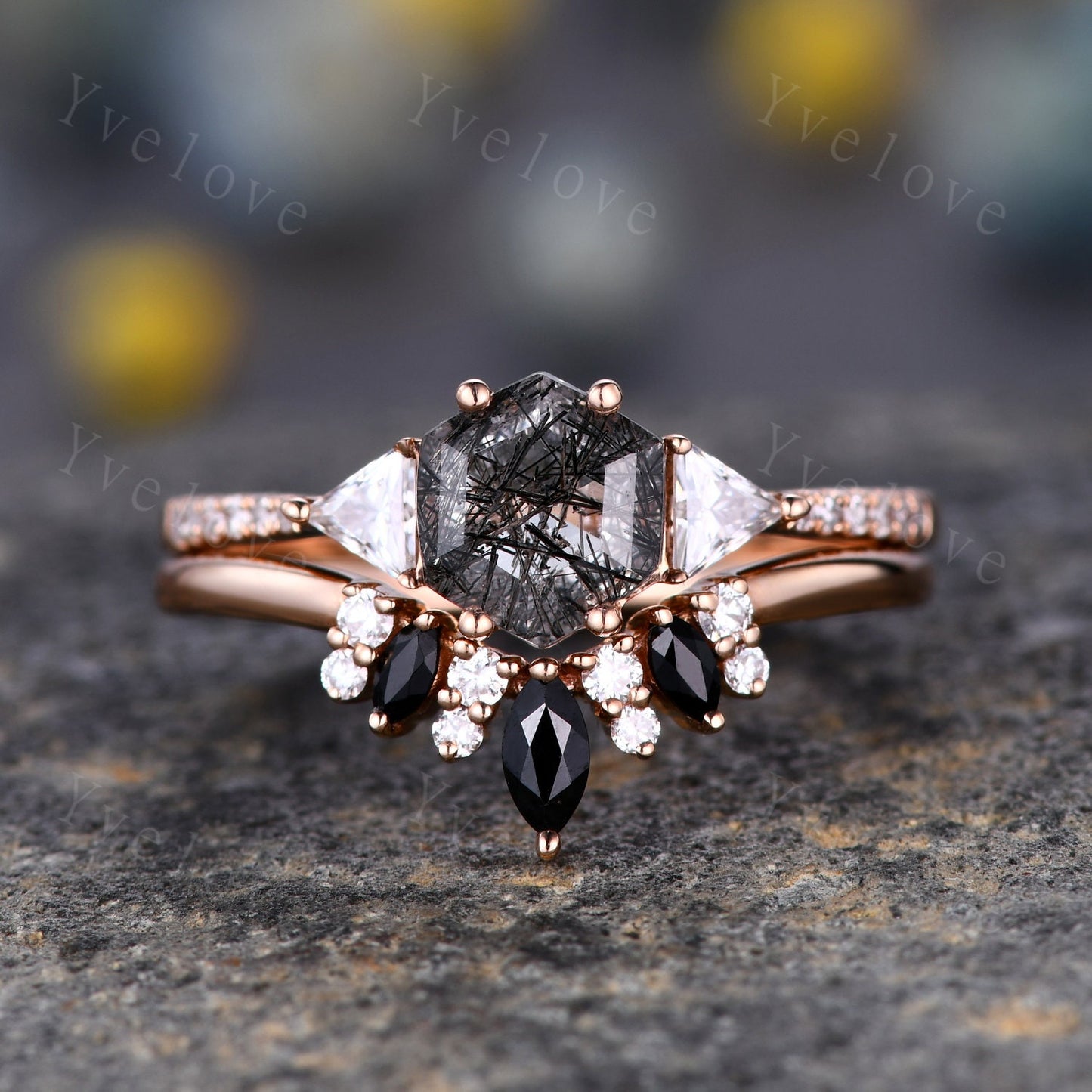 Hexagon Cut Black Rutilated Quartz Engagement Ring,Vingate Bridal Ring Set,Three Stone Engagement Ring,Anniversary Birthday Gift for Her